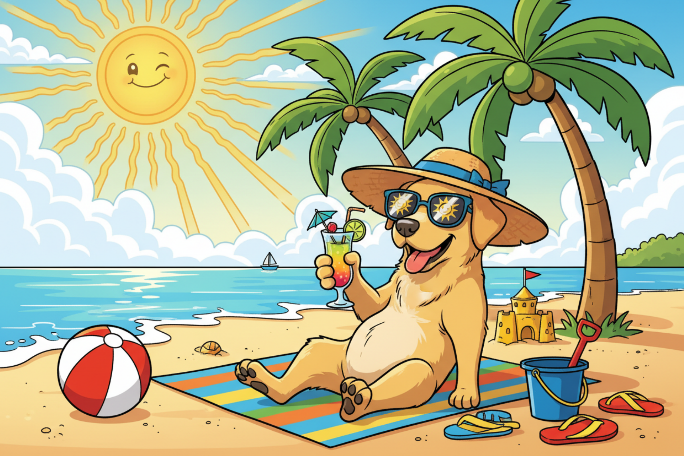 Cartoon illustration of a cheerful dog relaxing on a sunny beach, wearing a straw sun hat and sunglasses, holding a cocktail with a cocktail umbrella, surrounded by beach accessories
