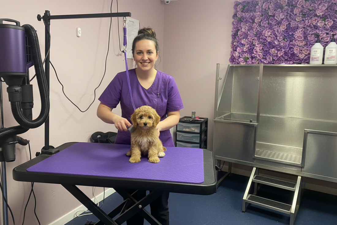 Professional dog groomer in purple tunic gently grooming a small tan cockapoo puppy on a black grooming table with purple non-slip mat in a professional dog grooming room