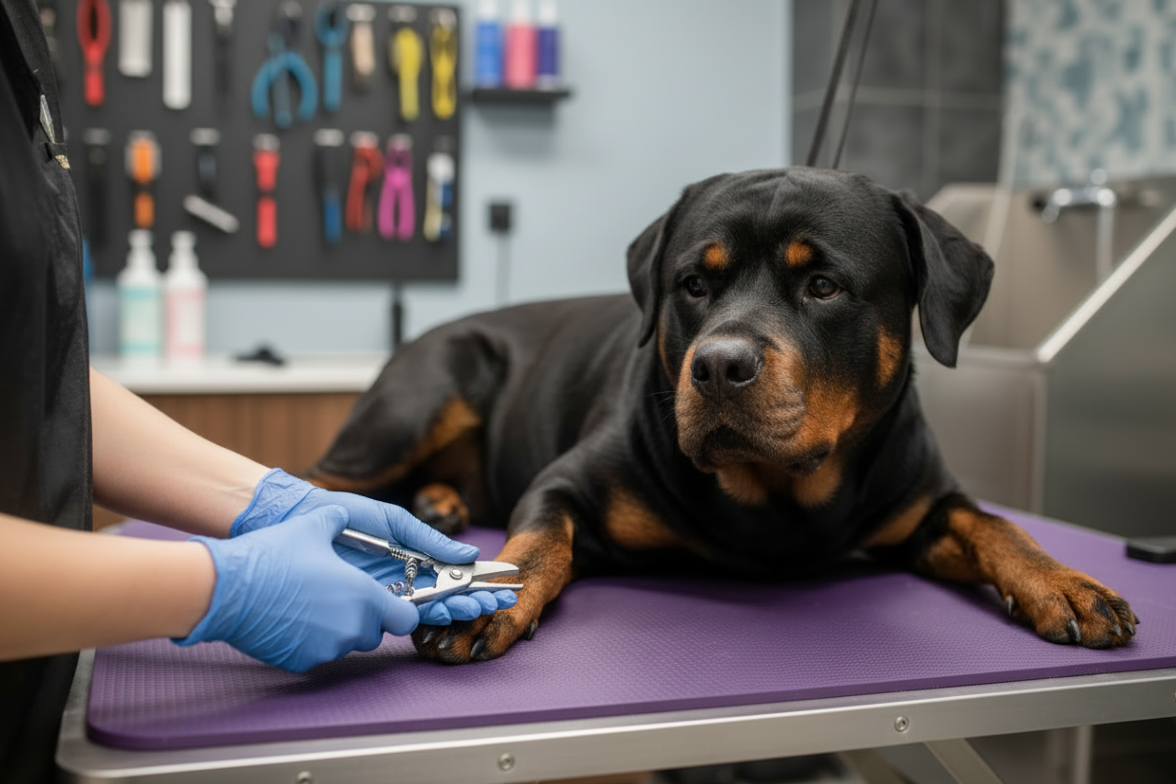 Close-up of a professional dog groomer clipping the nails of a calm Rottweiler on a purple non-slip grooming table mat in a modern dog grooming salon, groomer's hands visible holding professional nail clippers