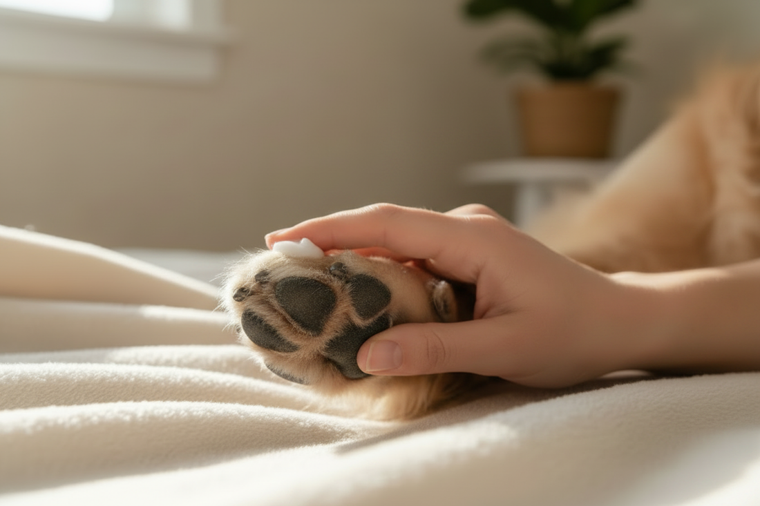 Close-up of a person's hand gently applying paw balm to the underside of a dog's paw, showing the paw pads clearly, warm natural lighting