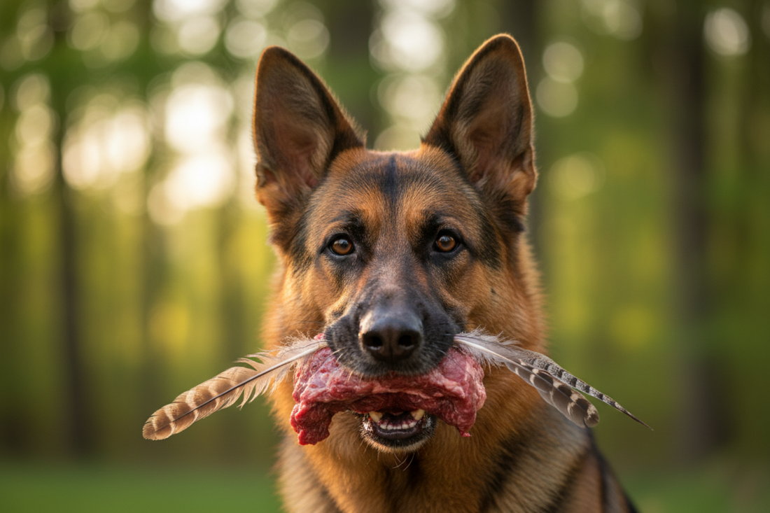 close up of a German Shepherd with mouth open holding a whole prey raw food item and tongue out, looking alert in an outdoor woodland setting