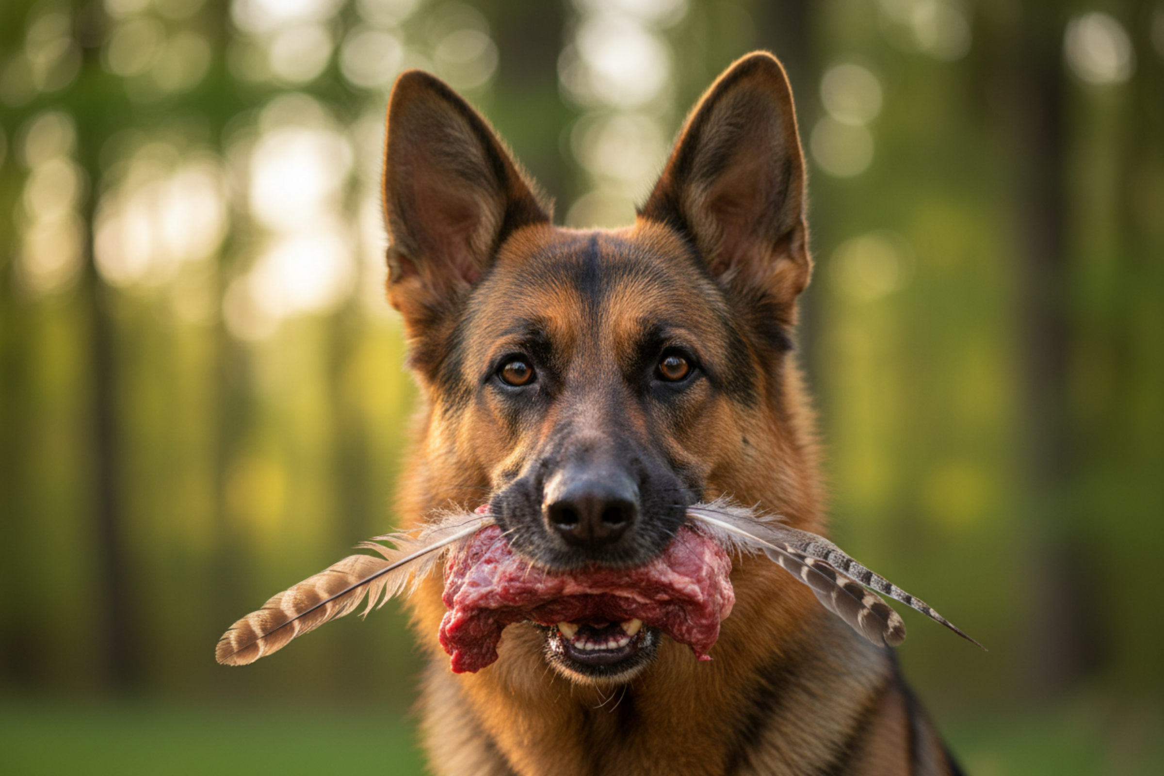 close up of a German Shepherd with mouth open holding a whole prey raw food item and tongue out, looking alert in an outdoor woodland setting