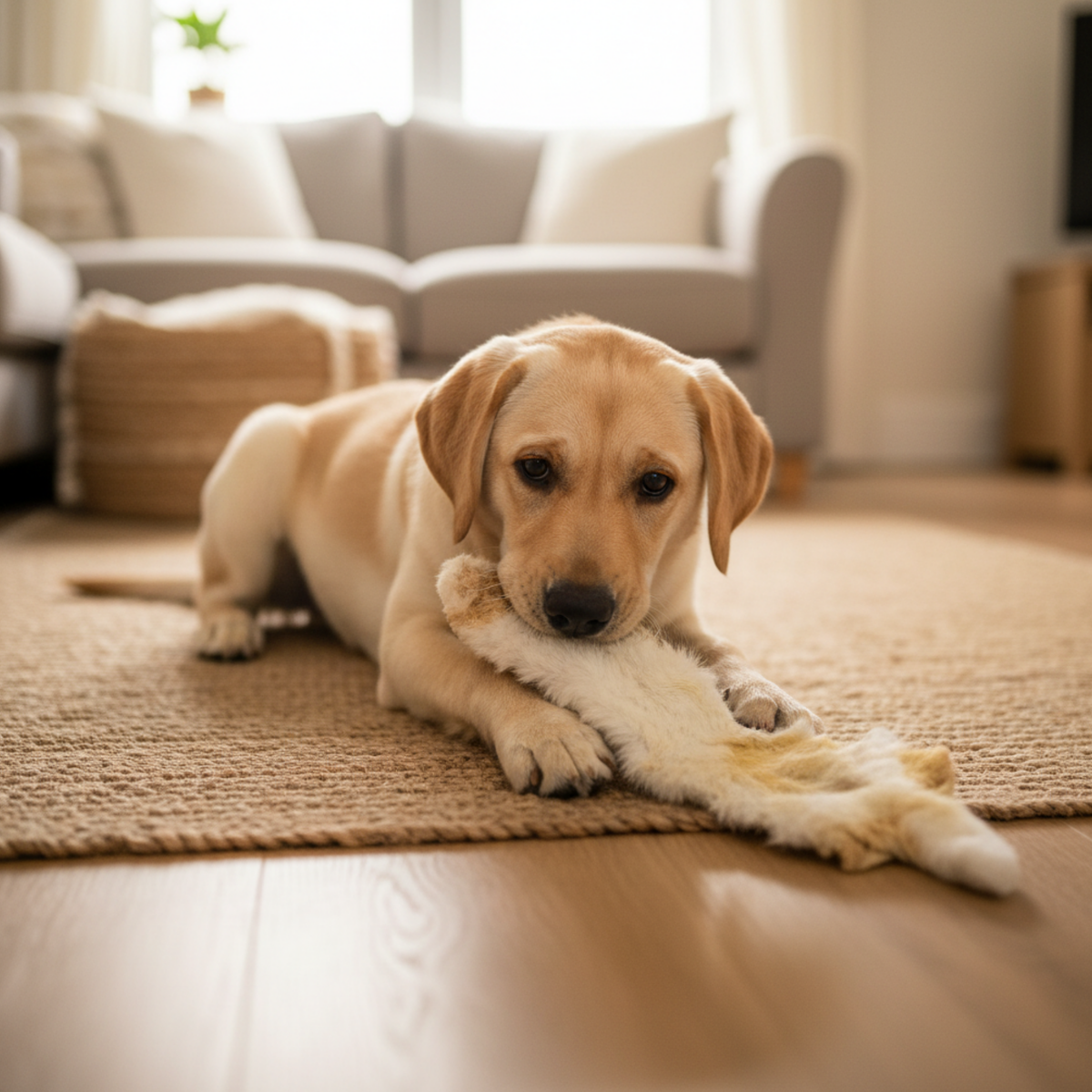 Jumbo rabbit skin dog treat laid flat on a natural surface, showing the fur-on texture used as a natural dewormer for dogs