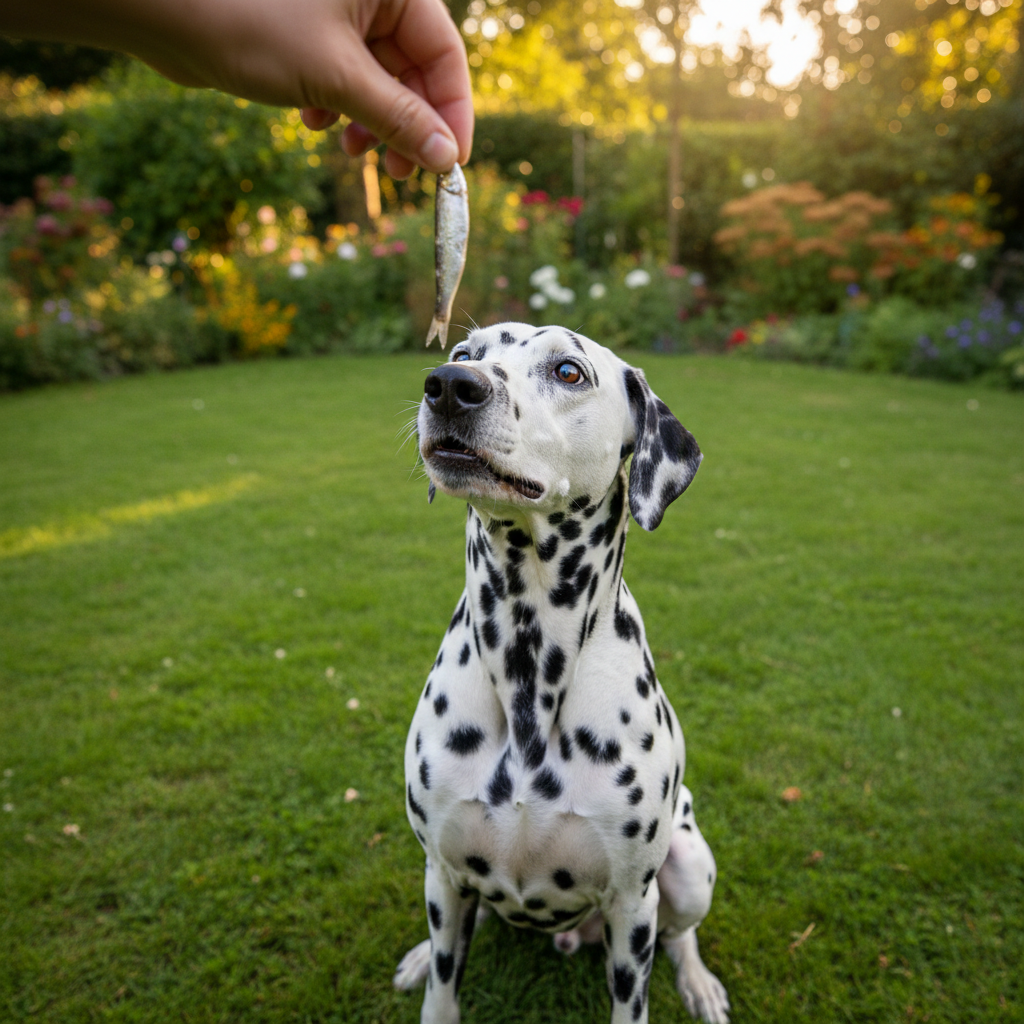 Human hand feeding a Dalmatian dog a raw sprat treat in a garden setting