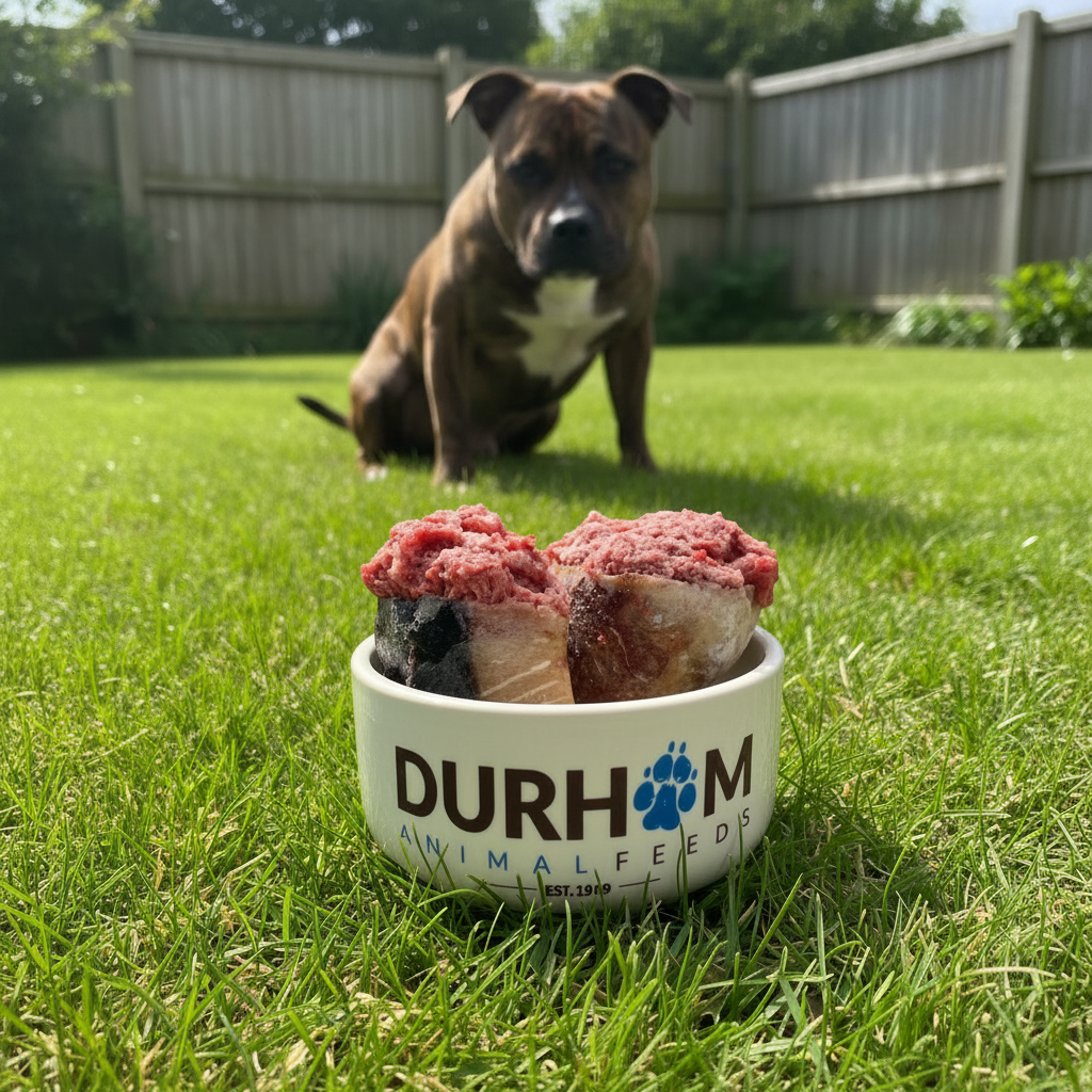 Staffordshire bull terrier dog in a garden scene looking at a Durham animal feeds bowls with hoofs stuffed with raw food inside