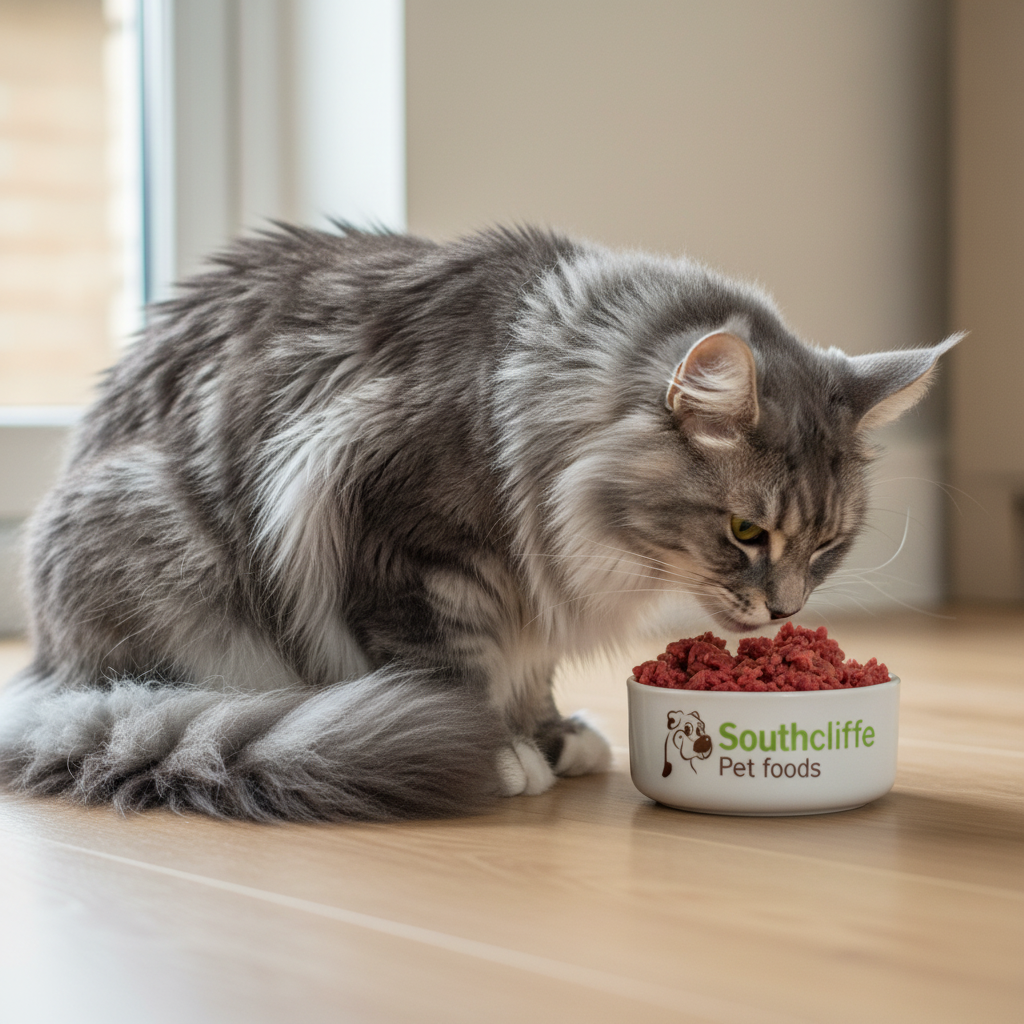 Grey & White Main Coon cat sat indoors on a wooden floor eating from a bowl with a southcliffe pet food logo