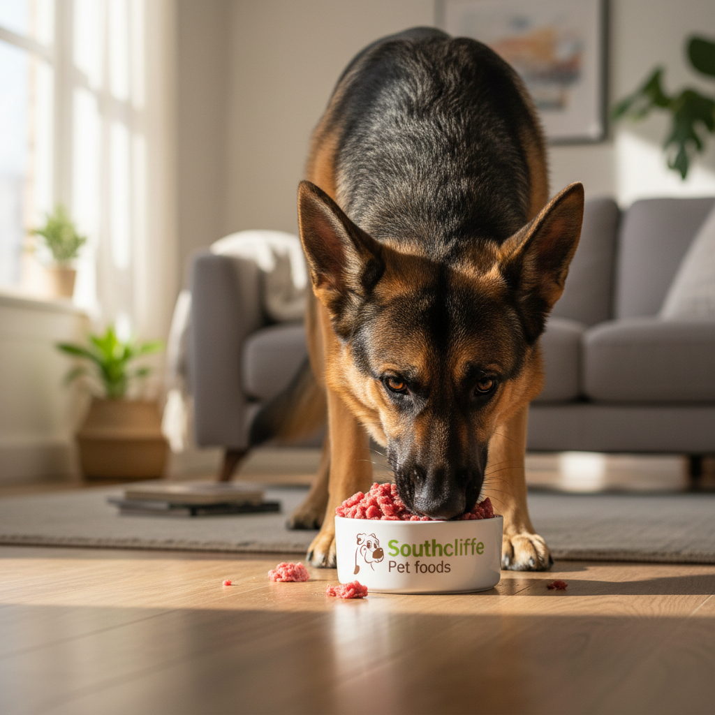German Shepherd dog eating raw food from a Southcliffe bowl, photographed at ground level in a home setting