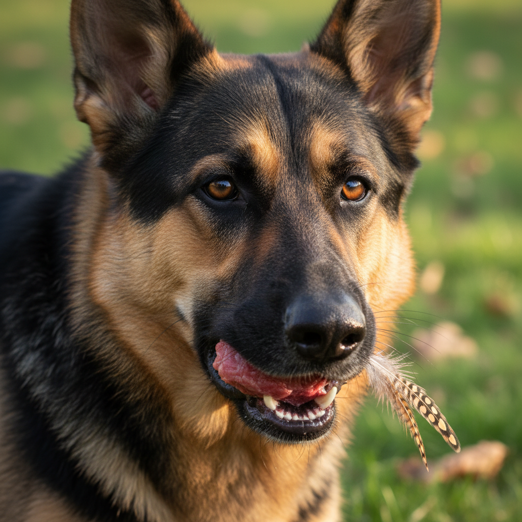 German Shepherd dog holding a piece of raw meat in its mouth with pheasant feathers hanging out, photographed outdoors on grass in natural daylight — whole prey raw feeding lifestyle