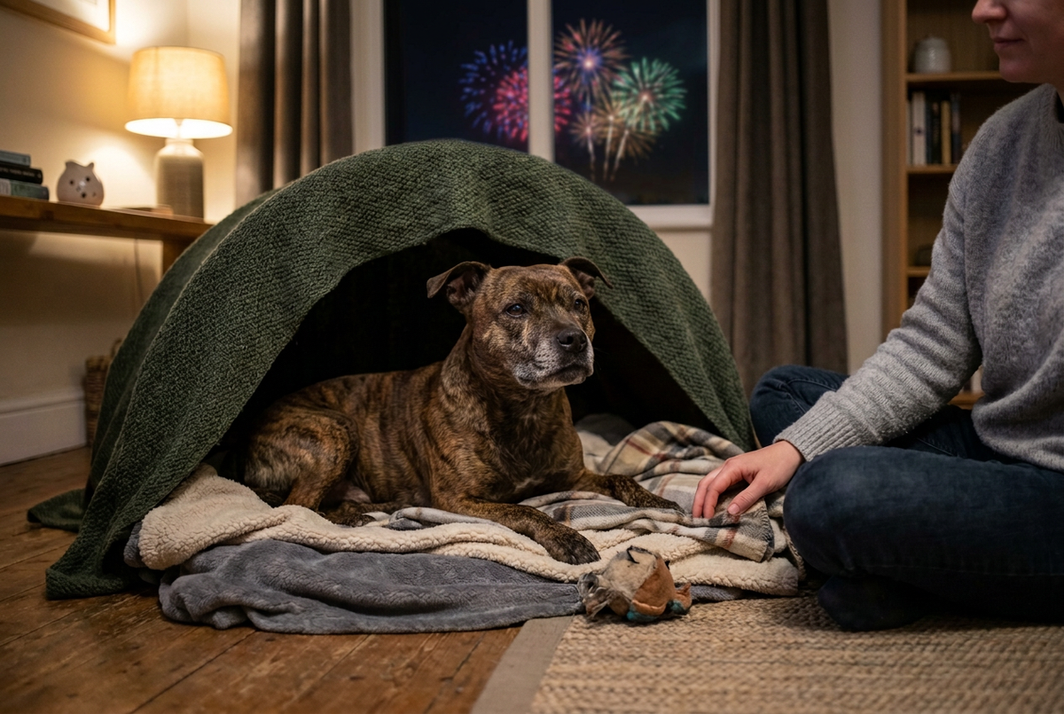 Brindle Staffordshire Bull Terrier resting in a cosy blanket den beside its owner, with fireworks visible through the window outside