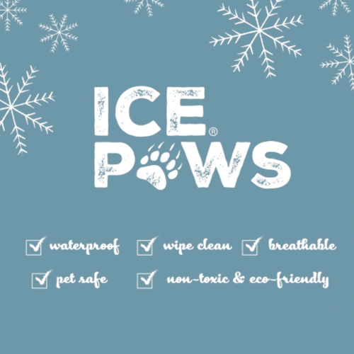 A promotional graphic for ICE POWS featuring a large white brand logo with a paw print on a dusty blue background decorated with white snowflakes. Below the logo, six feature badges are listed with checkmarks: waterproof, wipe clean, breathable, pet safe, and non-toxic & eco-friendly.