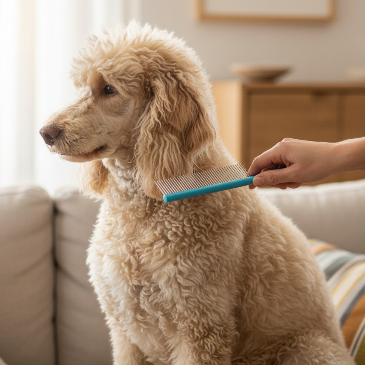 A cream-colored poodle sitting on a couch while a person uses a turquoise pet comb to groom its fur in a bright, modern living room.