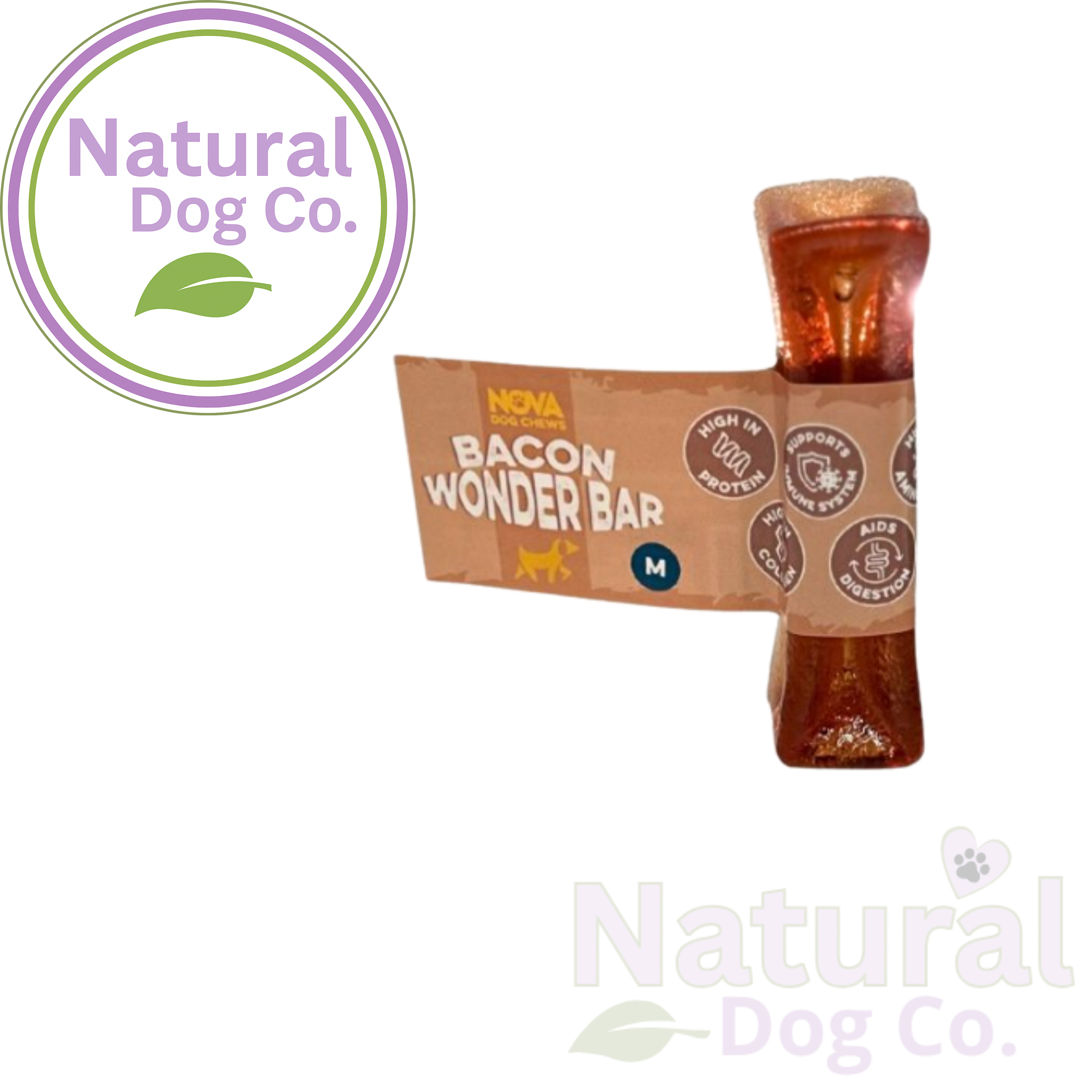 A dog chew supplement bar from Nova Nutrition, labeled 'Bacon Wonder Bar', shown with its brown paper sleeve wrapper. The product is a translucent amber-brown bar with a gold-colored end cap.