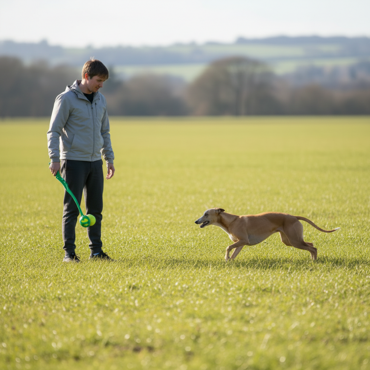 A man in a gray hoodie and black pants stands in a grassy field holding a green ball on a leash next to a light brown greyhound dog running toward him.