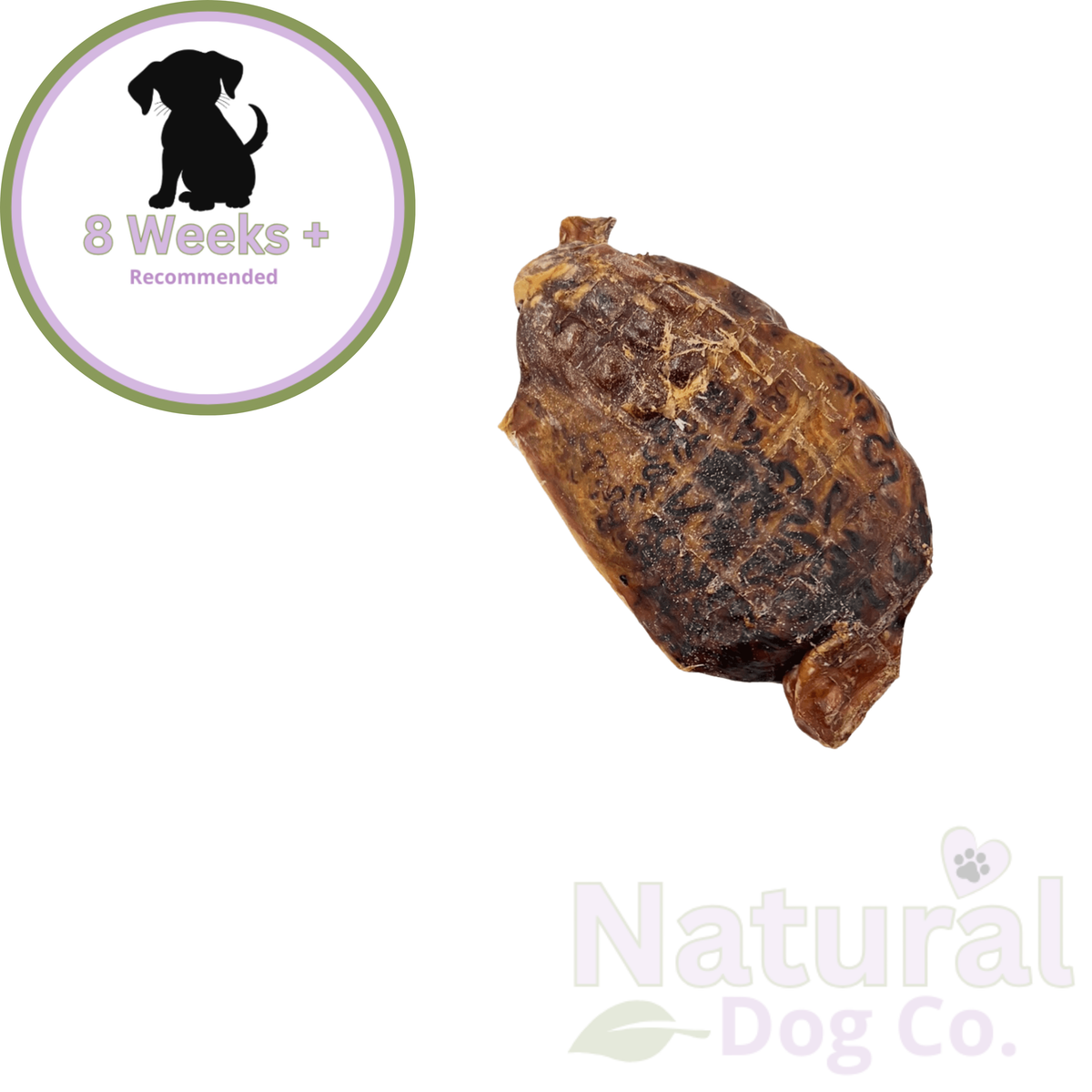 A single brown dog chew shown on a white background, with a circular '8 Weeks + Recommended' graphic in the top left and a 'Natural Dog Co.' logo watermark in the bottom right.
