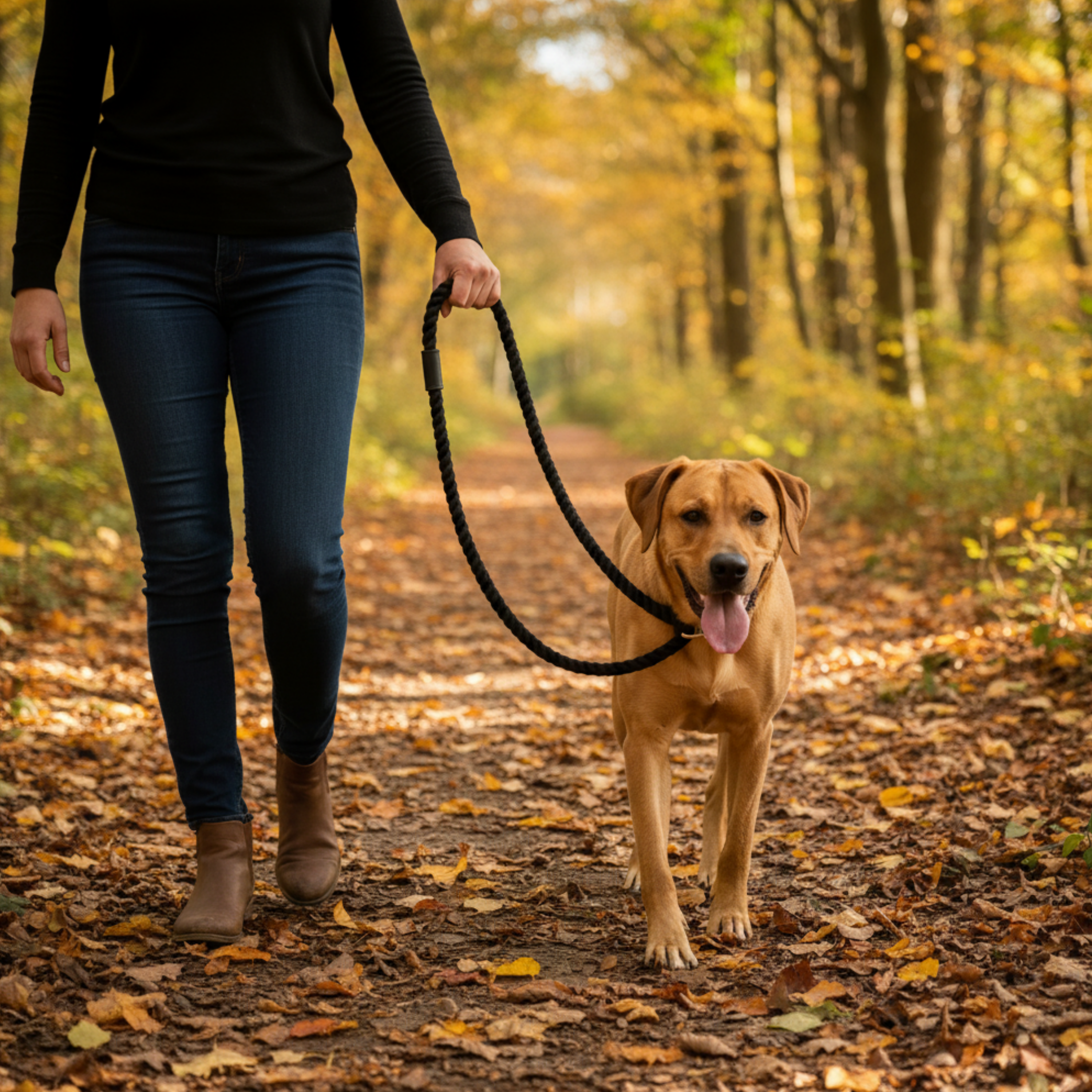 A woman in a black long-sleeve top and blue jeans walks a golden retriever on a black rope leash along a leaf-covered forest path in autumn.