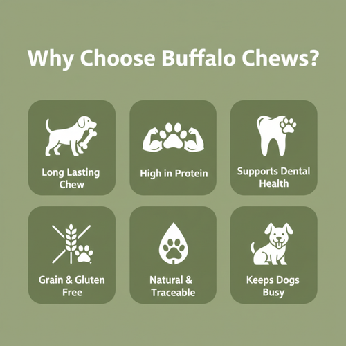 Promotional graphic for Buffalo Chews dog treats on an olive green background. White text at the top reads 'Why Choose Buffalo Chews?' and six dark green rounded squares below show white icons and benefits: long lasting chew, high in protein, supports dental health, grain and gluten free, natural and traceable, and keeps dogs busy.
