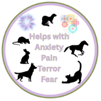 A circular graphic with a white center, a thin green border, and a lavender outer ring. The text reads 'Helps with Anxiety Pain Terror Fear' in purple, surrounded by black silhouettes of animals including a dog, cat, horse, rabbit, and a bird.