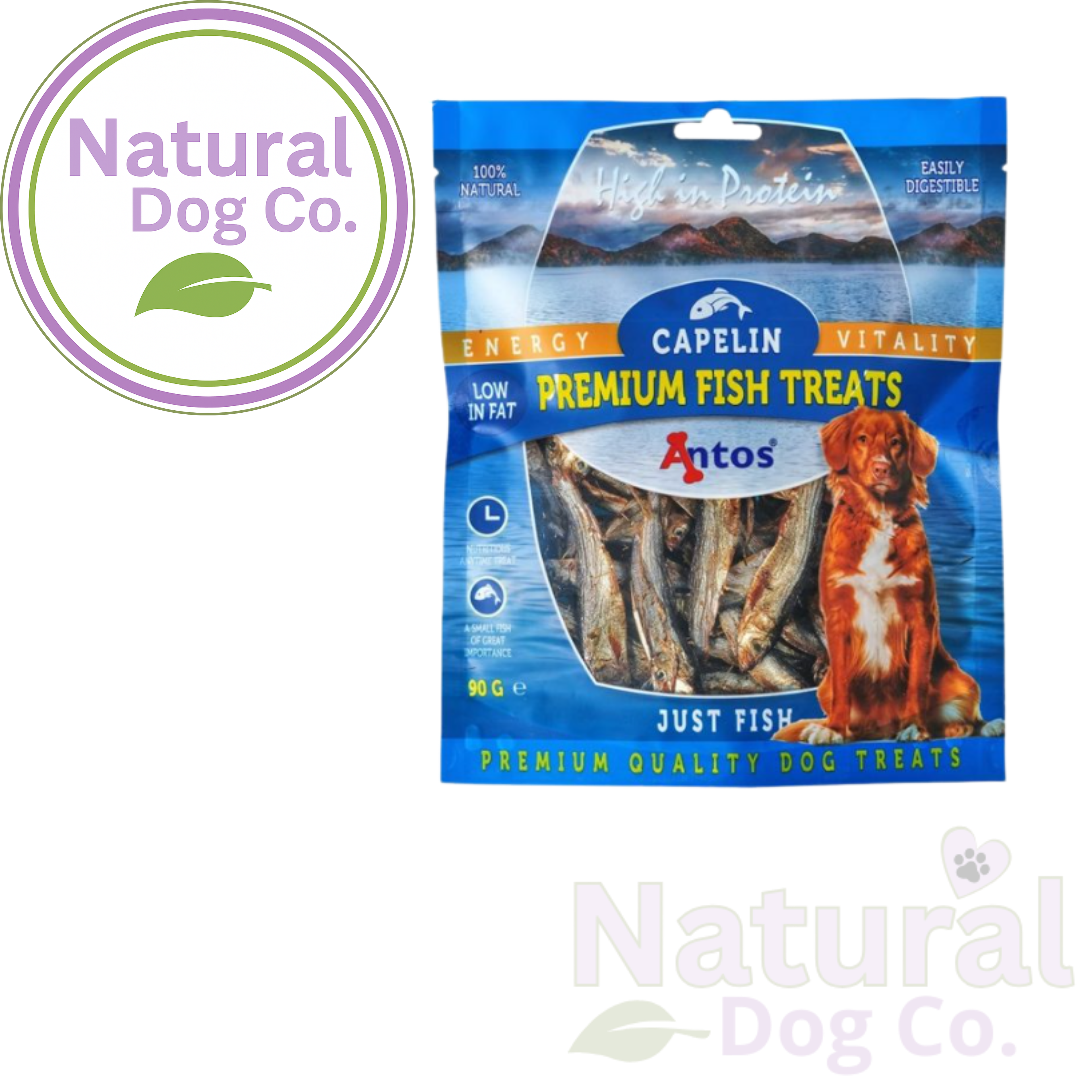 A package of Antos Capelin Premium Fish Treats for dogs, displayed on a white background with a 'Natural Dog Co.' logo overlay on the top left and a faint watermark at the bottom right.