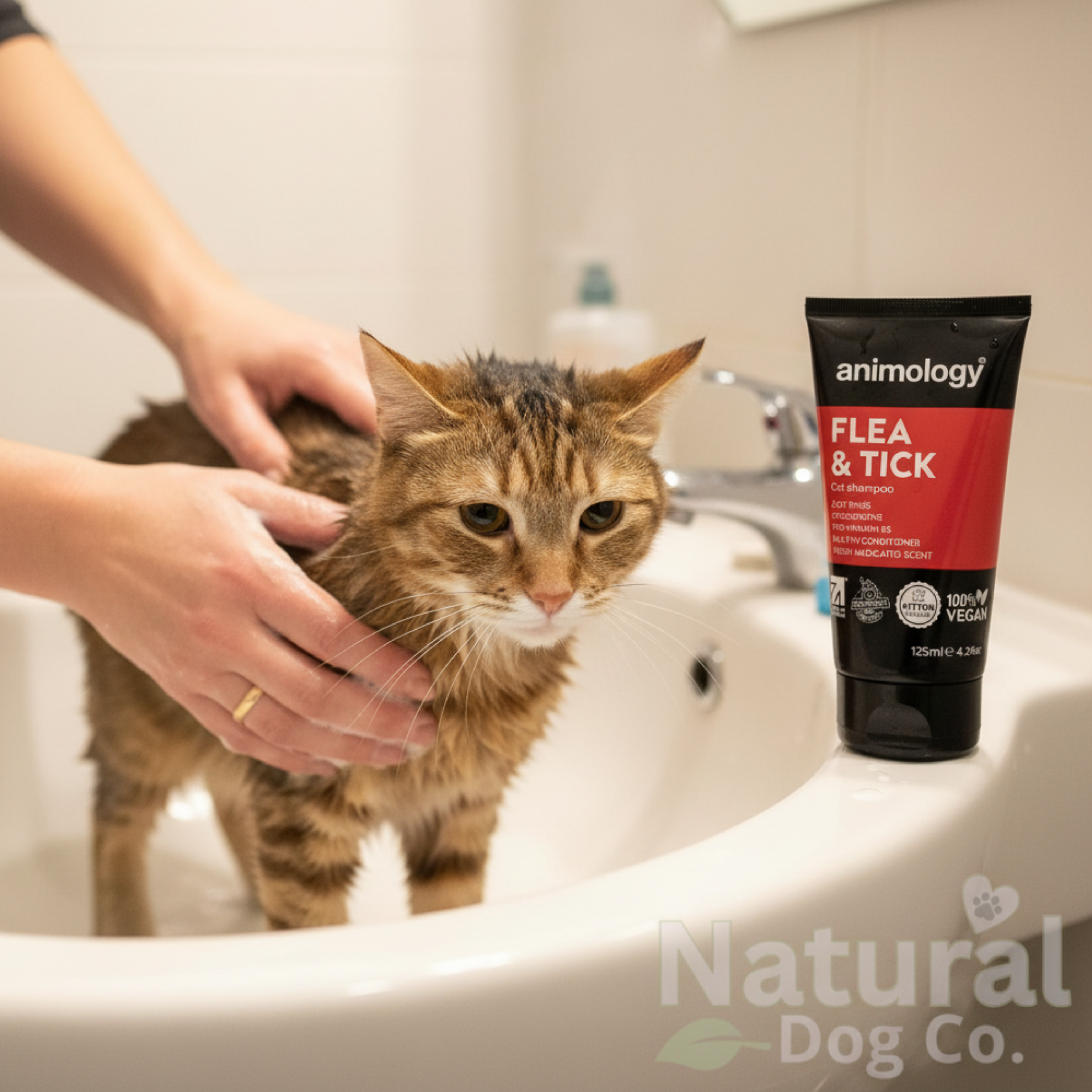 A wet tabby cat stands in a bathroom sink while a person holds it. A black and red tube labeled 'animology FLEA & TICK' sits on the sink, with a Natural Dog Co.
