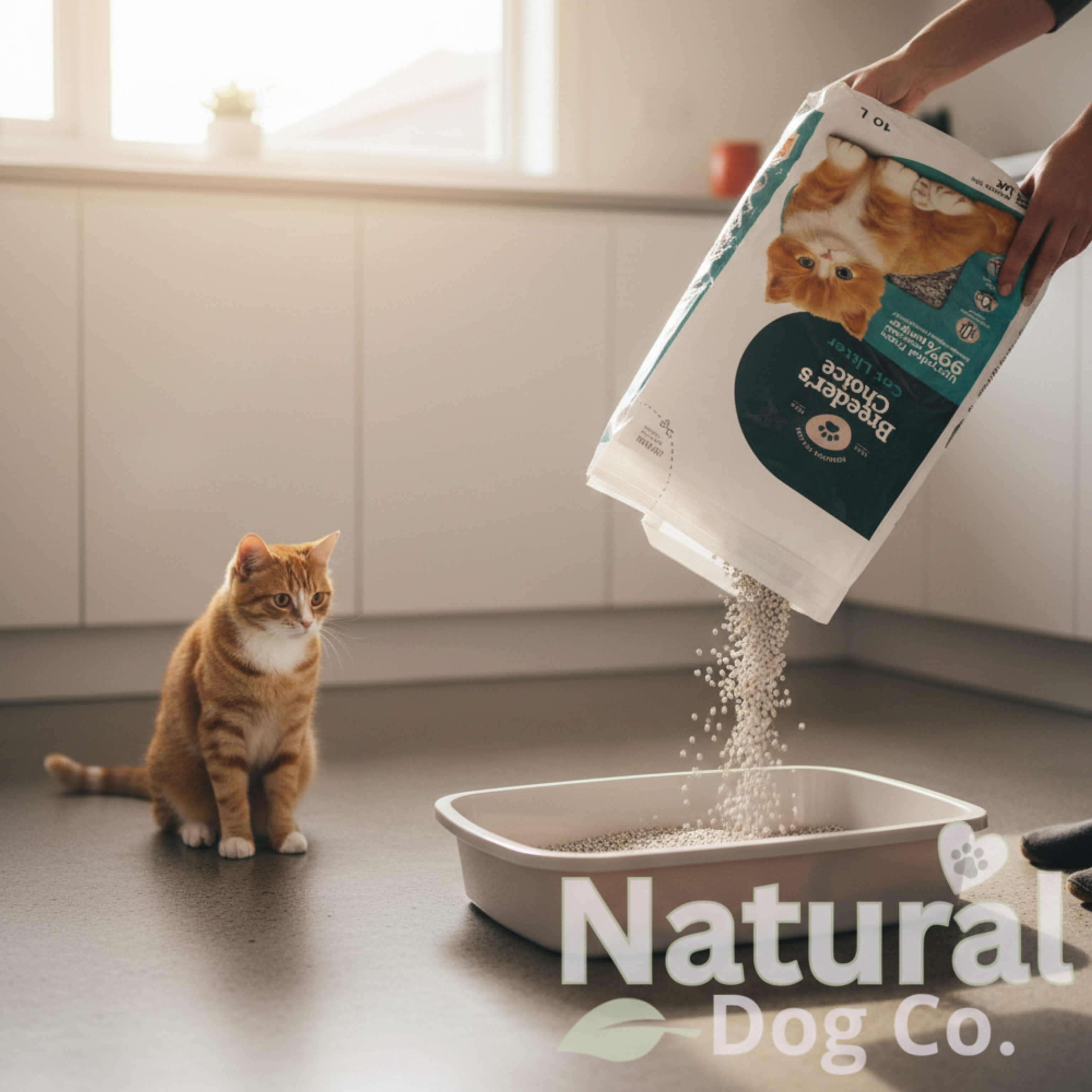 A person pours cat litter from a large bag into a litter tray on a floor, with an orange tabby cat sitting nearby in a bright indoor setting. The bag shows the brand Natural Dog Co.