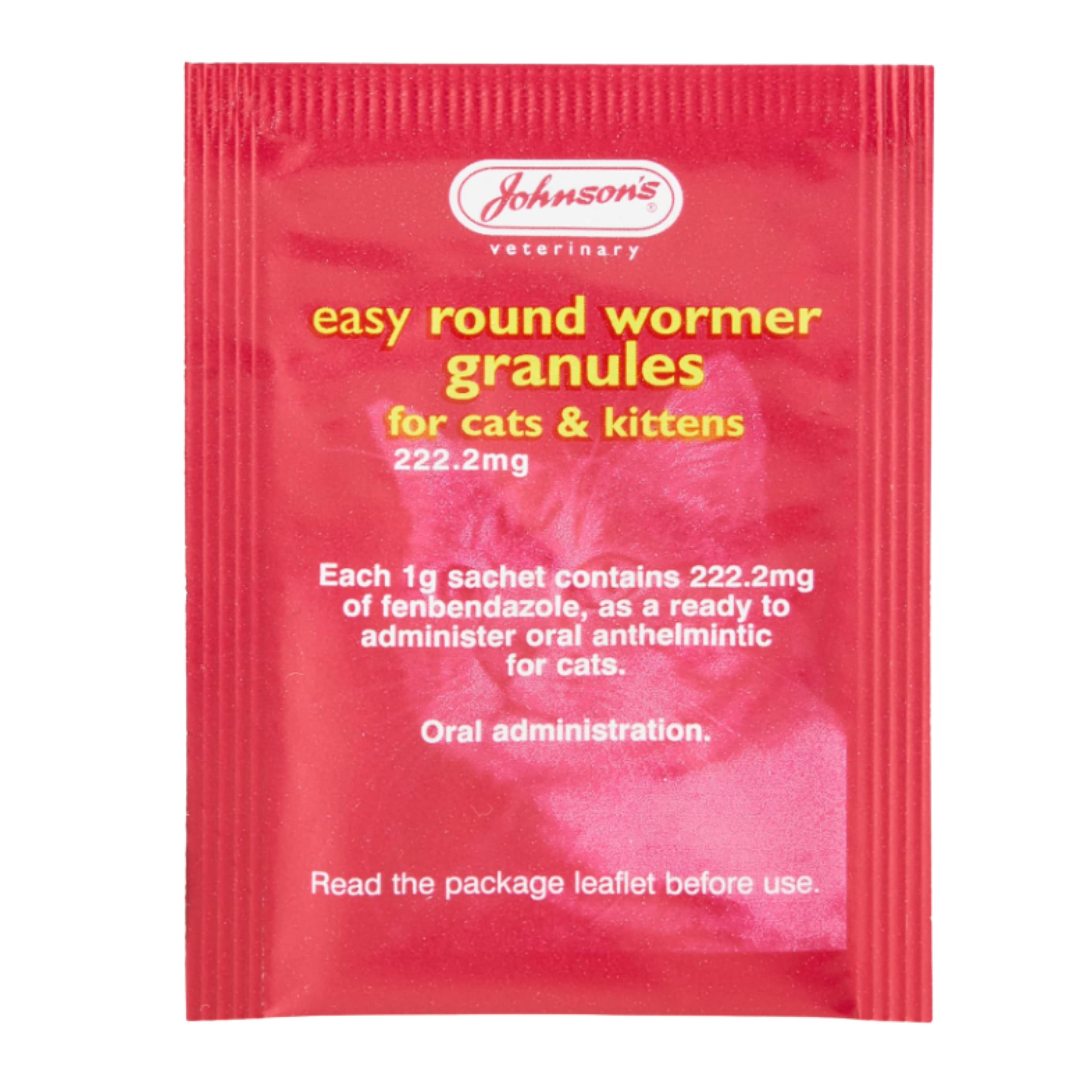 A red single-dose sachet packet of Johnson's Veterinary Easy Round Wormer Granules for cats and kittens, 222.2mg.
