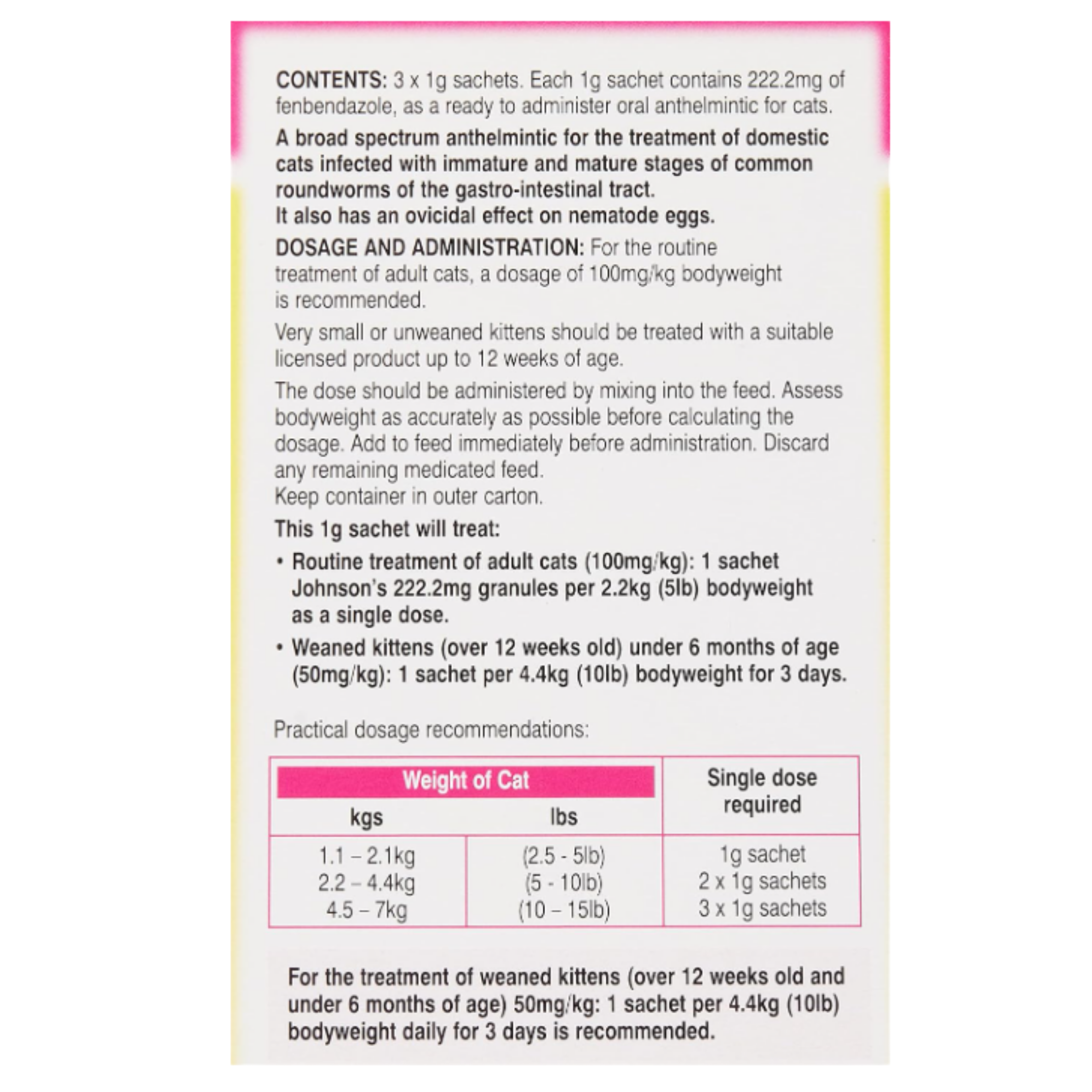 A product information card for an anthelmintic treatment for cats, detailing contents, dosage and administration, and practical dosage recommendations in a clean, readable format.