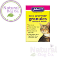 Johnson's Veterinary Easy Wormer Granules for cats & kittens packaging box, featuring a yellow and pink design with a tabby cat photo, shown on a white background with a Natural Dog Co. logo overlay.