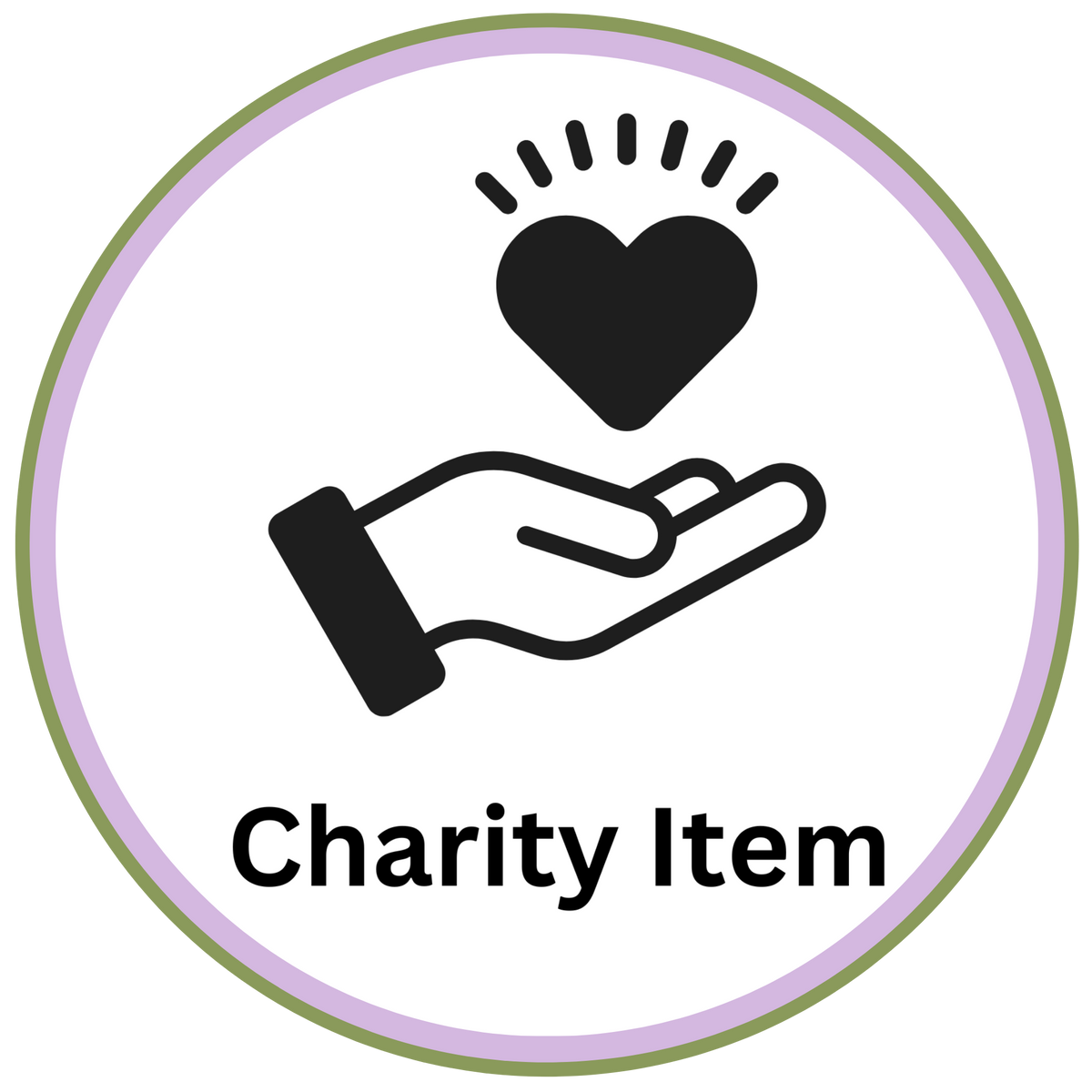 A circular graphic with a white center, a black hand holding a black heart icon, and the text 'Charity Item' below. The circle has a light purple inner ring and an olive green outer ring on a black background.