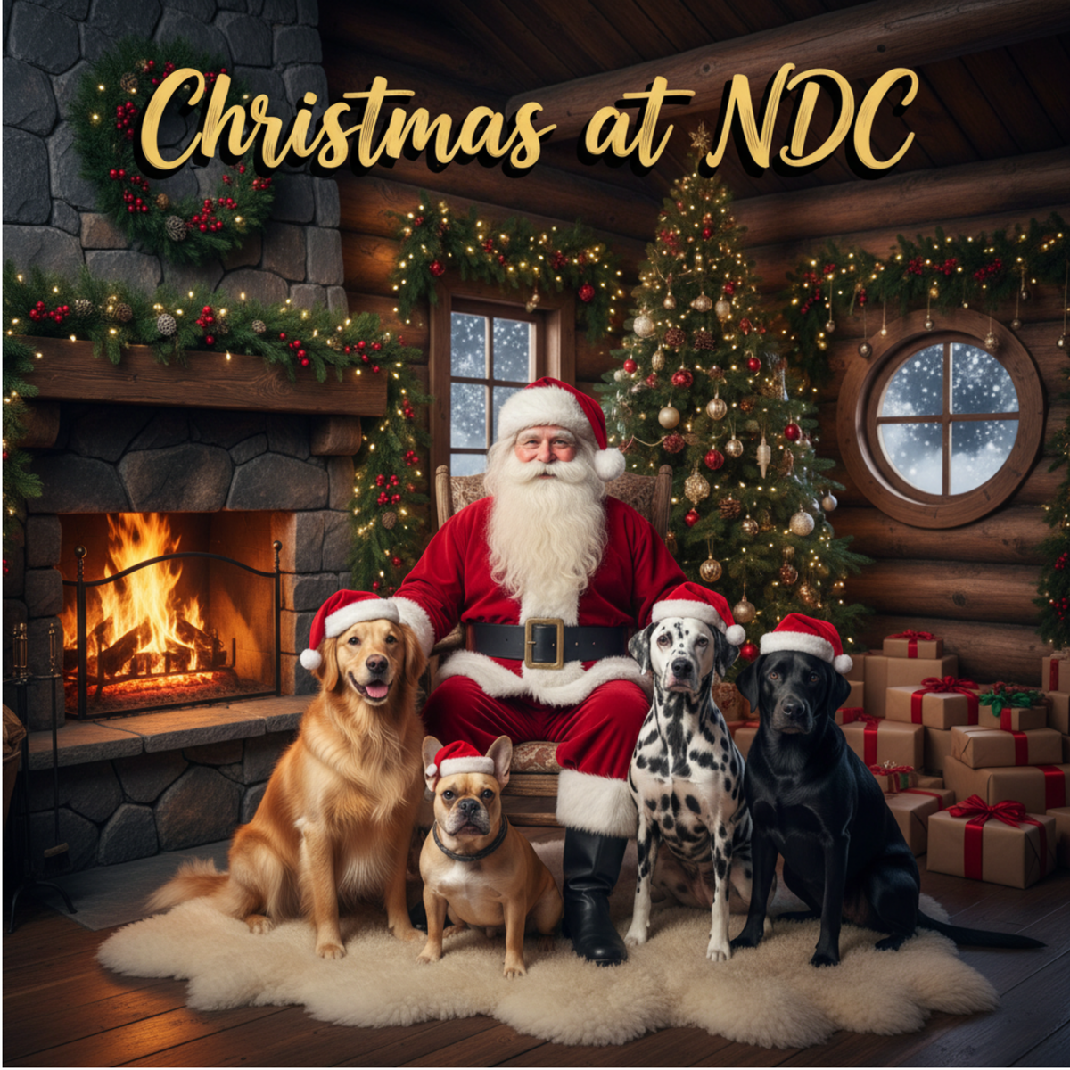 A festive holiday scene in a rustic log cabin with Santa Claus seated on a rug among four dogs wearing Santa hats. A burning fireplace, decorated Christmas tree, wrapped gifts, and the text 'Christmas at NDC' appear in the scene.