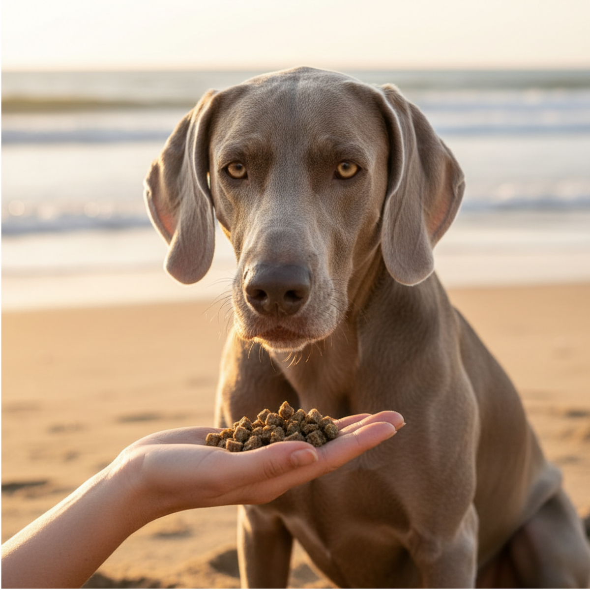 A gray Weimaraner dog on a sandy beach looking at a human hand holding kibble dog food.