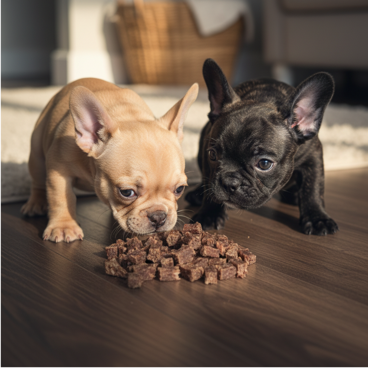 Two French bulldog puppies on a wooden floor looking at a pile of small brown dog treats.