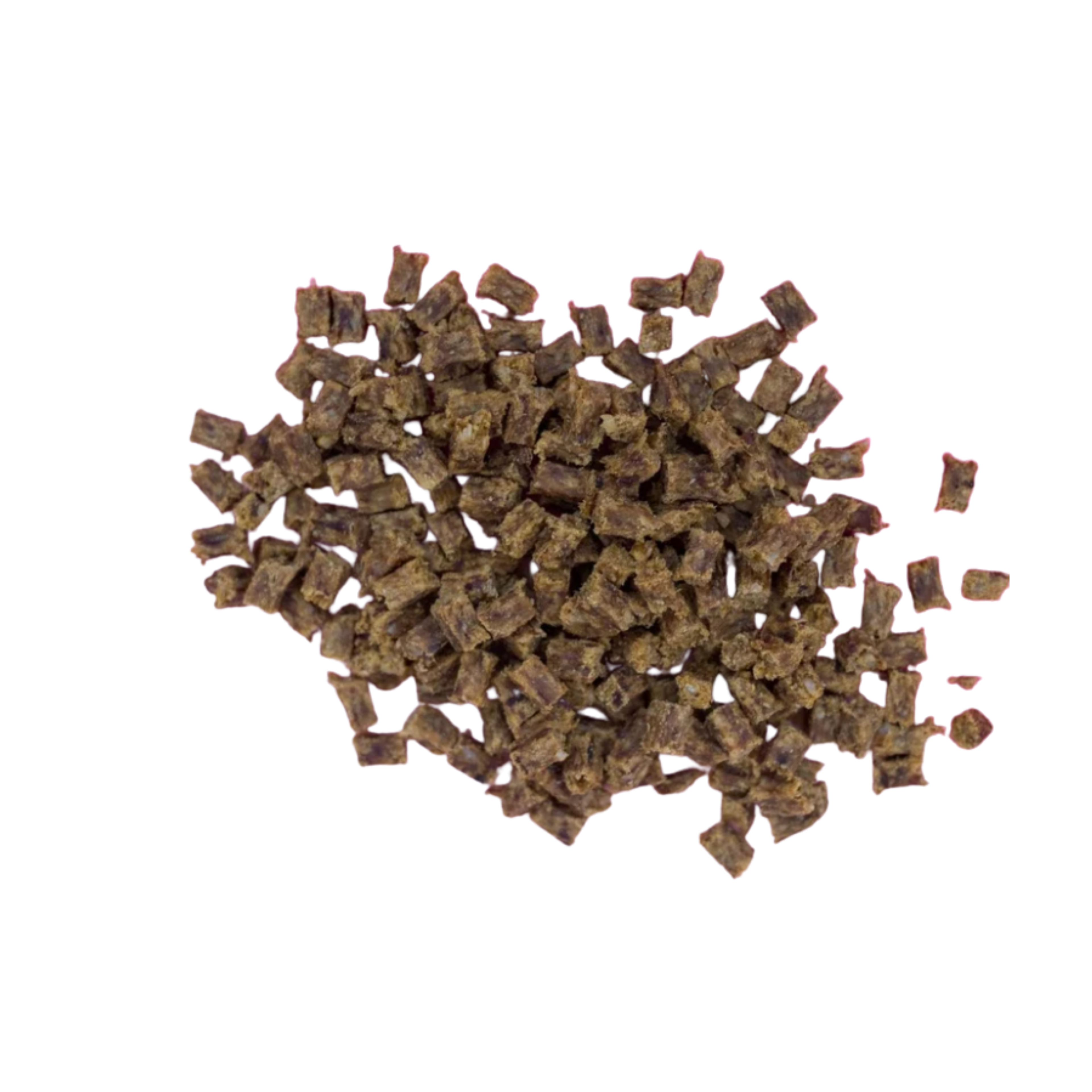 A pile of small brown meat cube dog treats, photographed on a plain white background from overhead