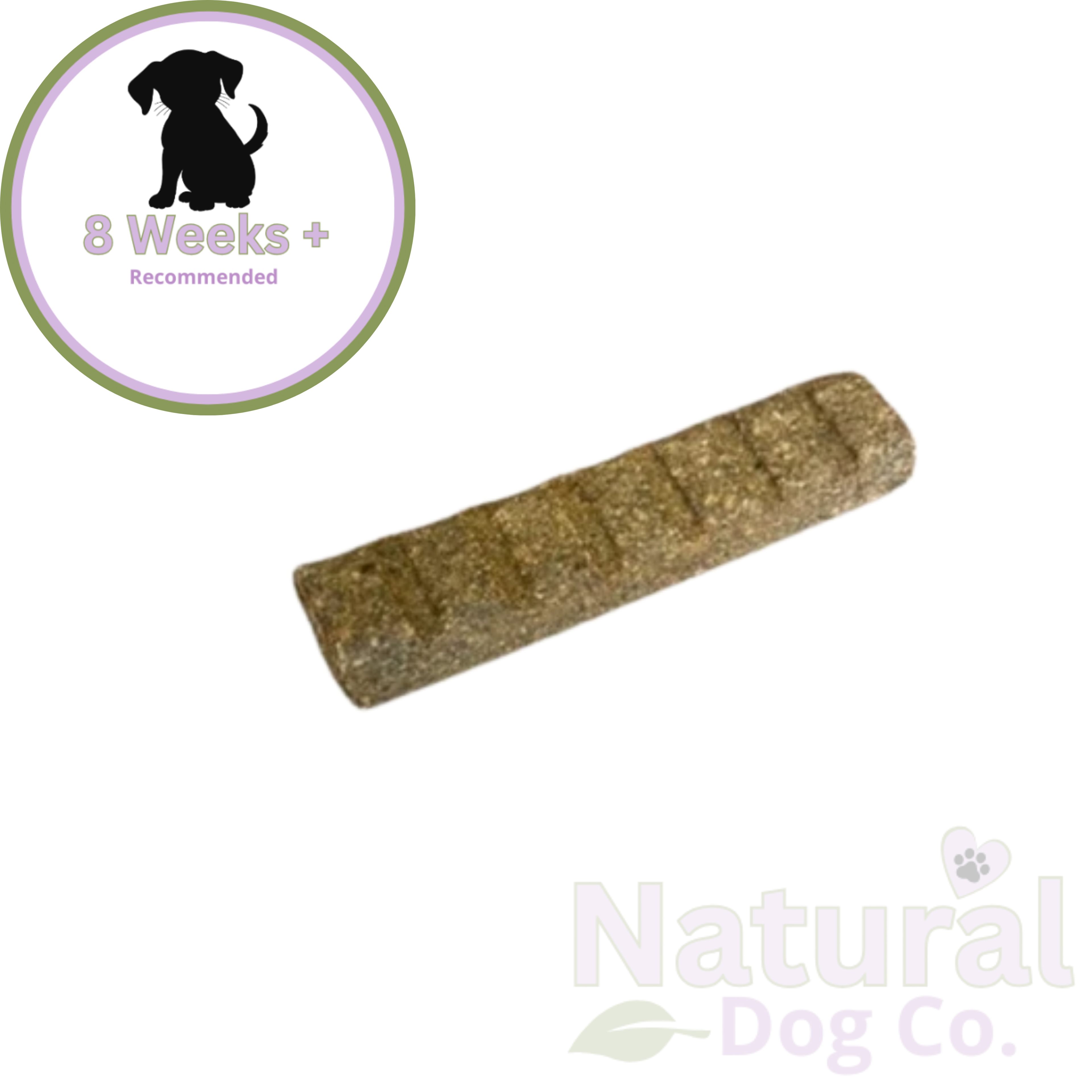 A single rectangular dog chew treat with a textured, granular golden-brown dog treat, shown on a white background with a '8 Weeks + Recommended' dog silhouette graphic in the top-left and a 'Natural Dog Co.' logo watermark in the bottom-right.