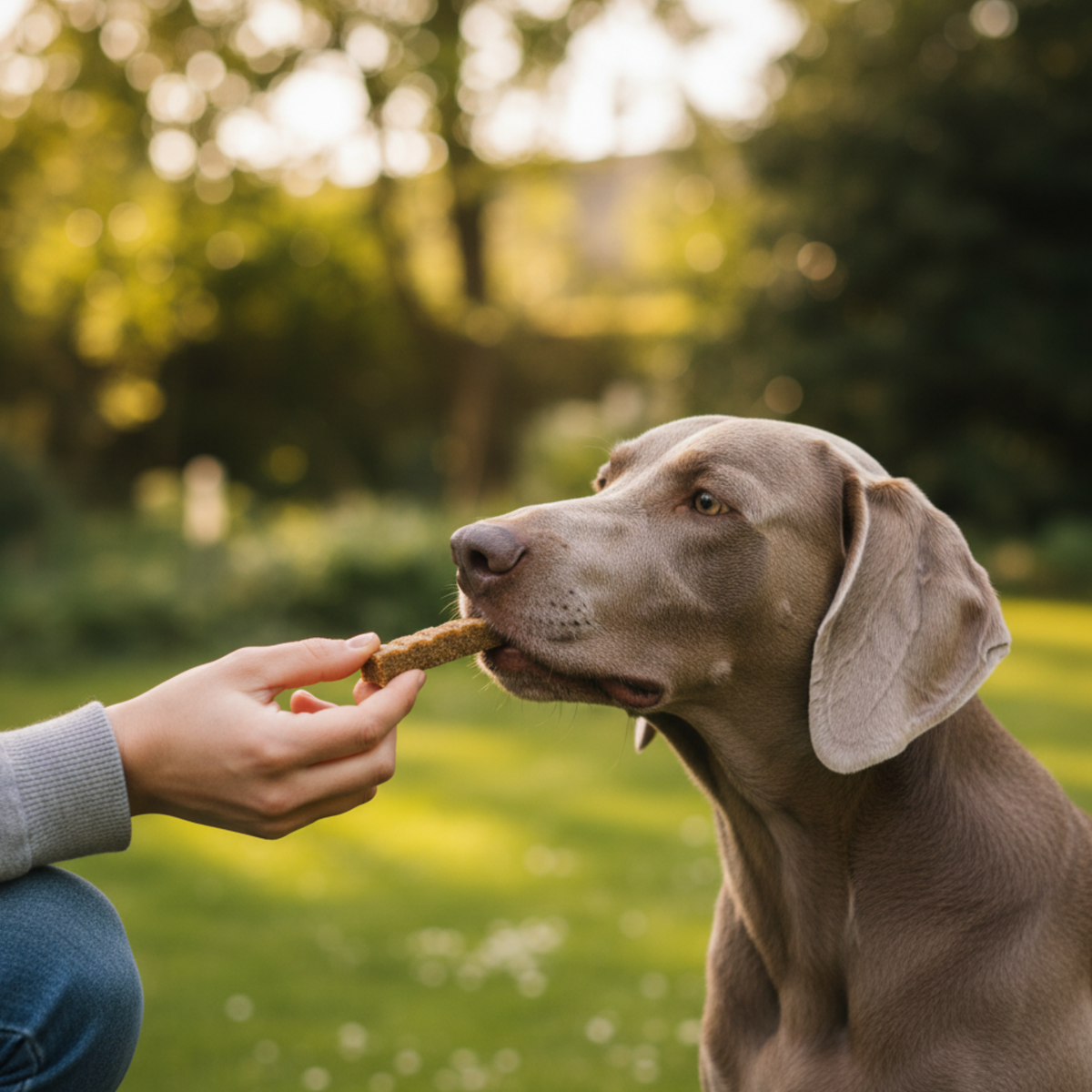 A gray Weimaraner dog outdoors on a grassy lawn, reaching for a treat held by a person whose hand and arm are visible in the foreground.