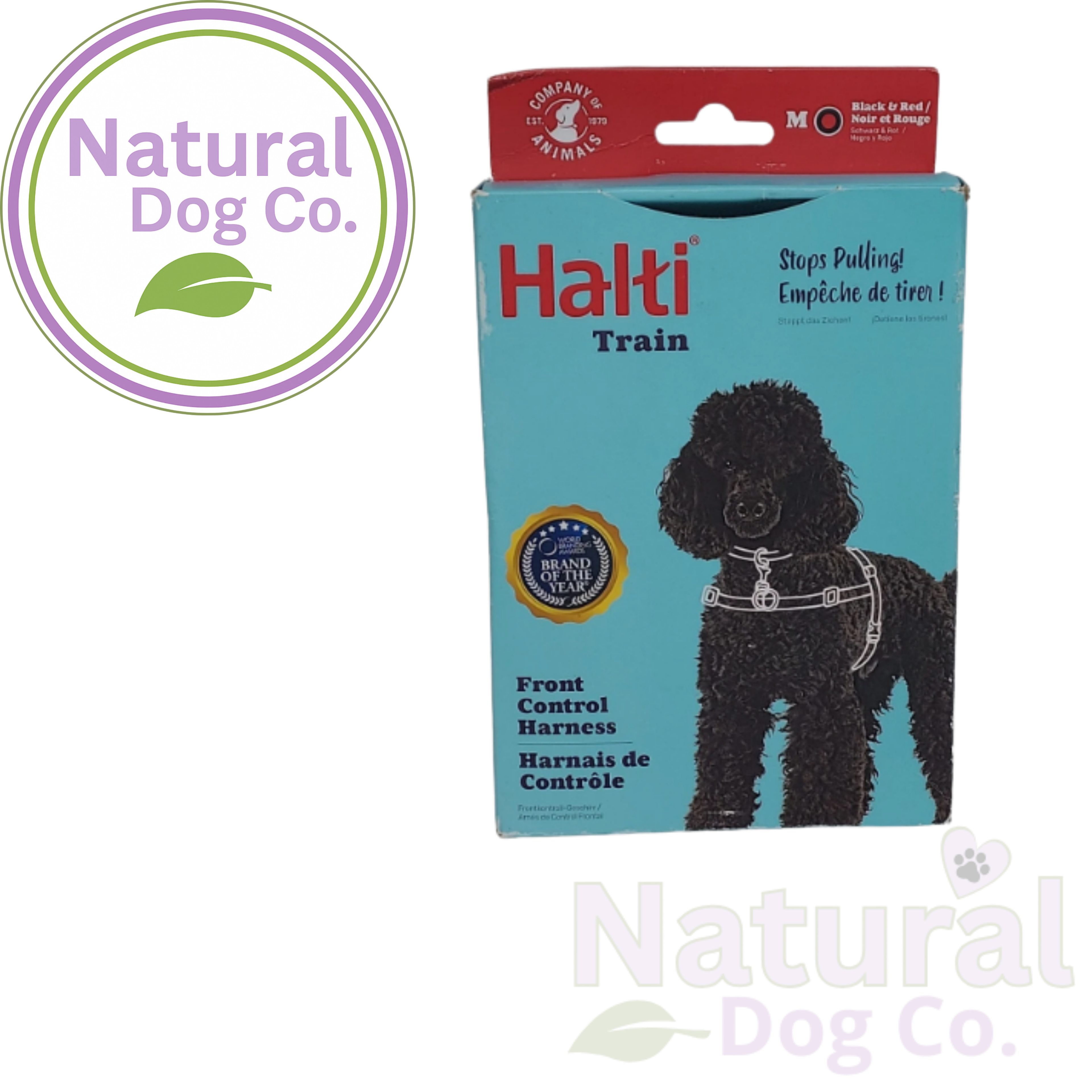 Natural Dog Co. Halti Train Front Control Harness packaging box, featuring a black poodle wearing the harness on a light blue background with a red top header.