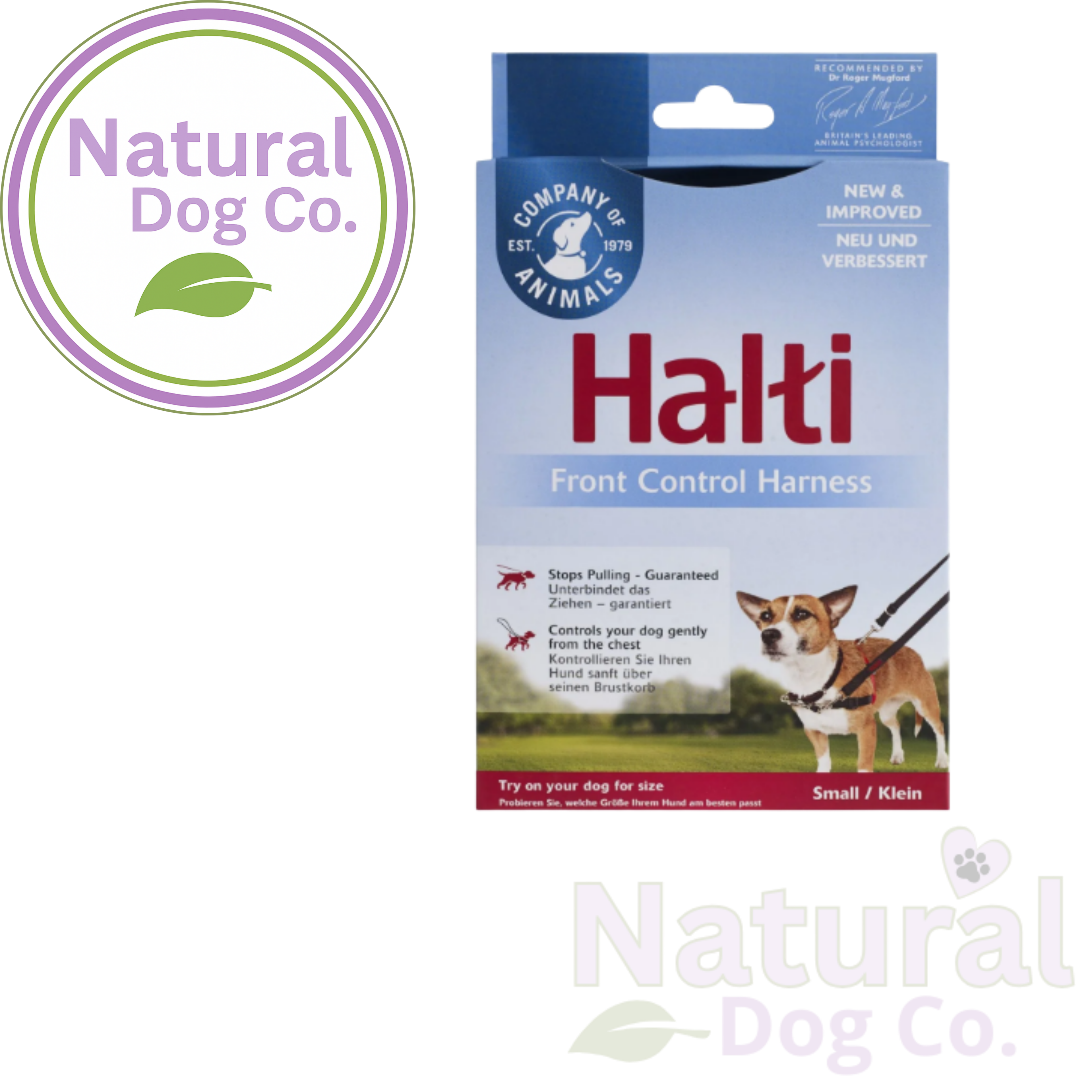Halti Front Control Harness Size S packaging box with Natural Dog Co logo