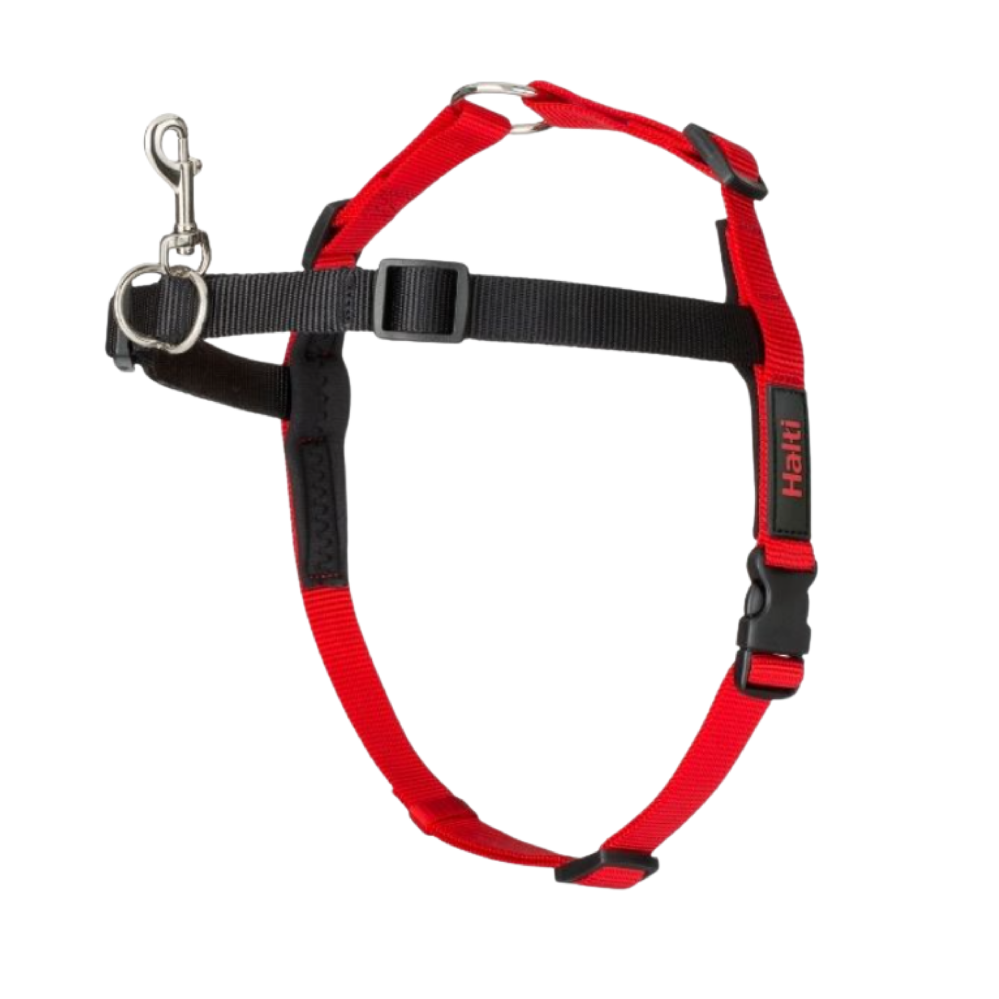 A red and black dog harness with a silver metal clip attachment, shown on a plain white background. The brand name 'Halti' is visible on a black label on the side.