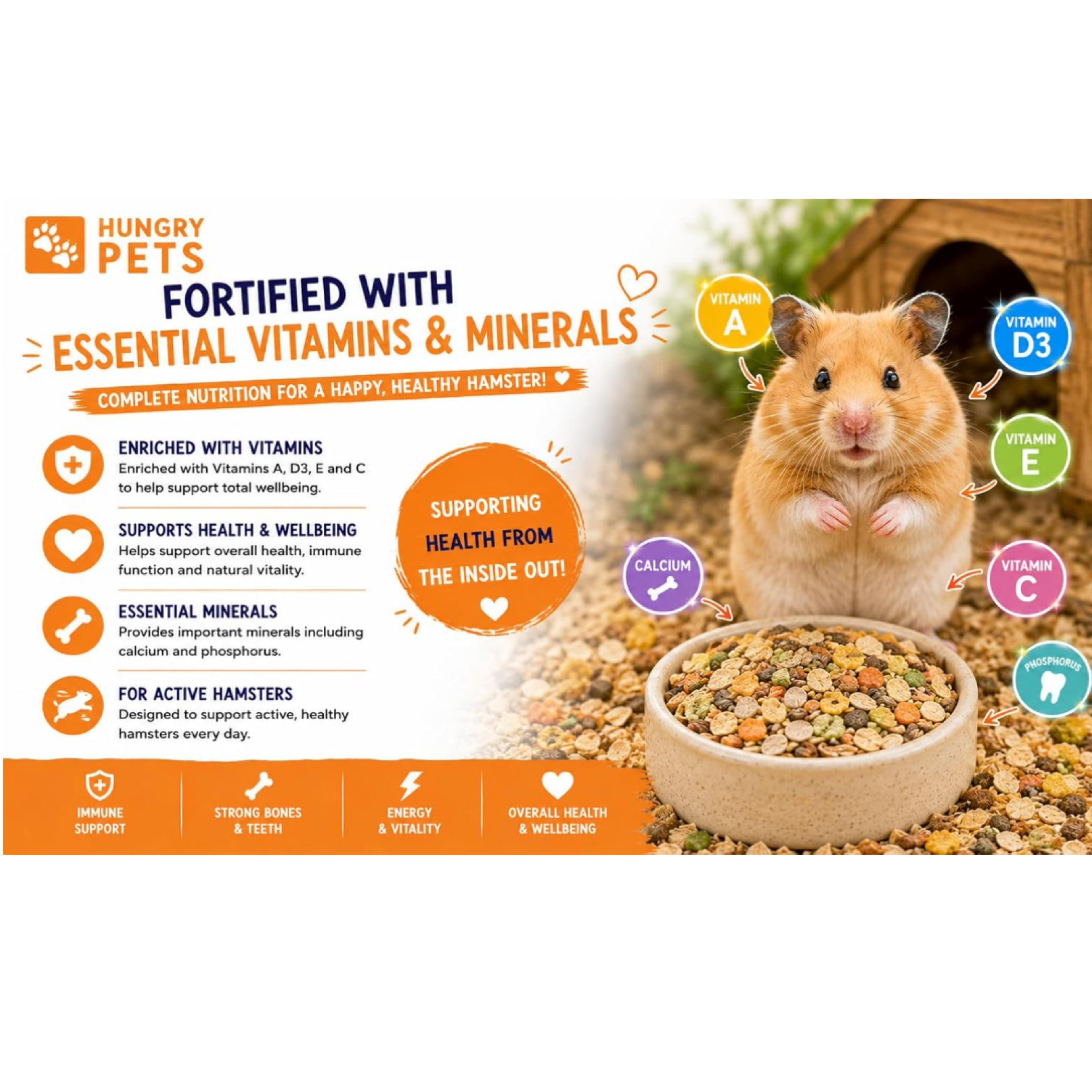 Hungry Pets Premium Hamster Food Mix ingredients and nutritional information shown on packaging label.