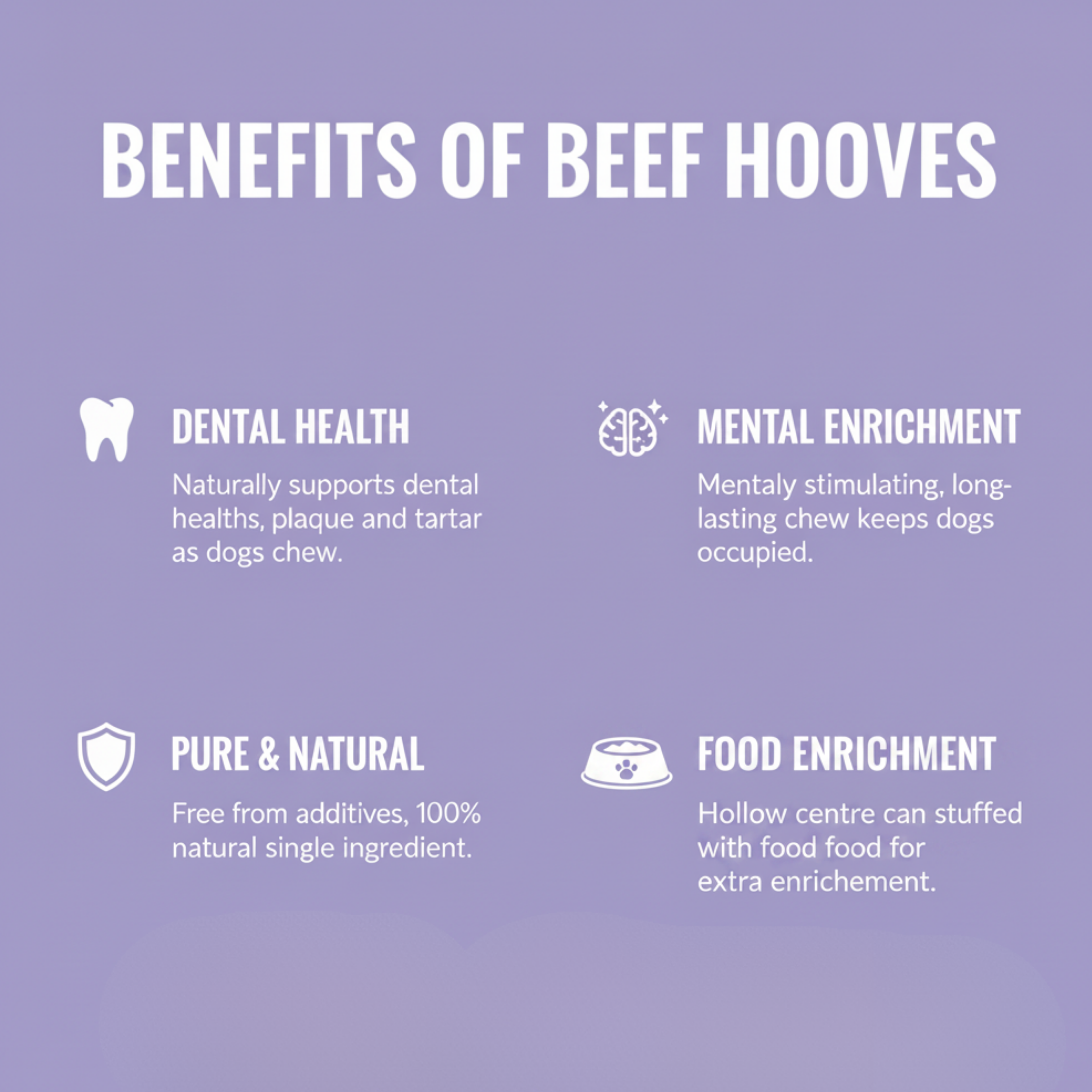 An infographic with a lavender background titled 'BENEFITS OF BEEF HOOVES' showing four white text panels with icons: a tooth for dental health, a brain for mental enrichment, a shield for pure and natural, and a bowl for food enrichment.