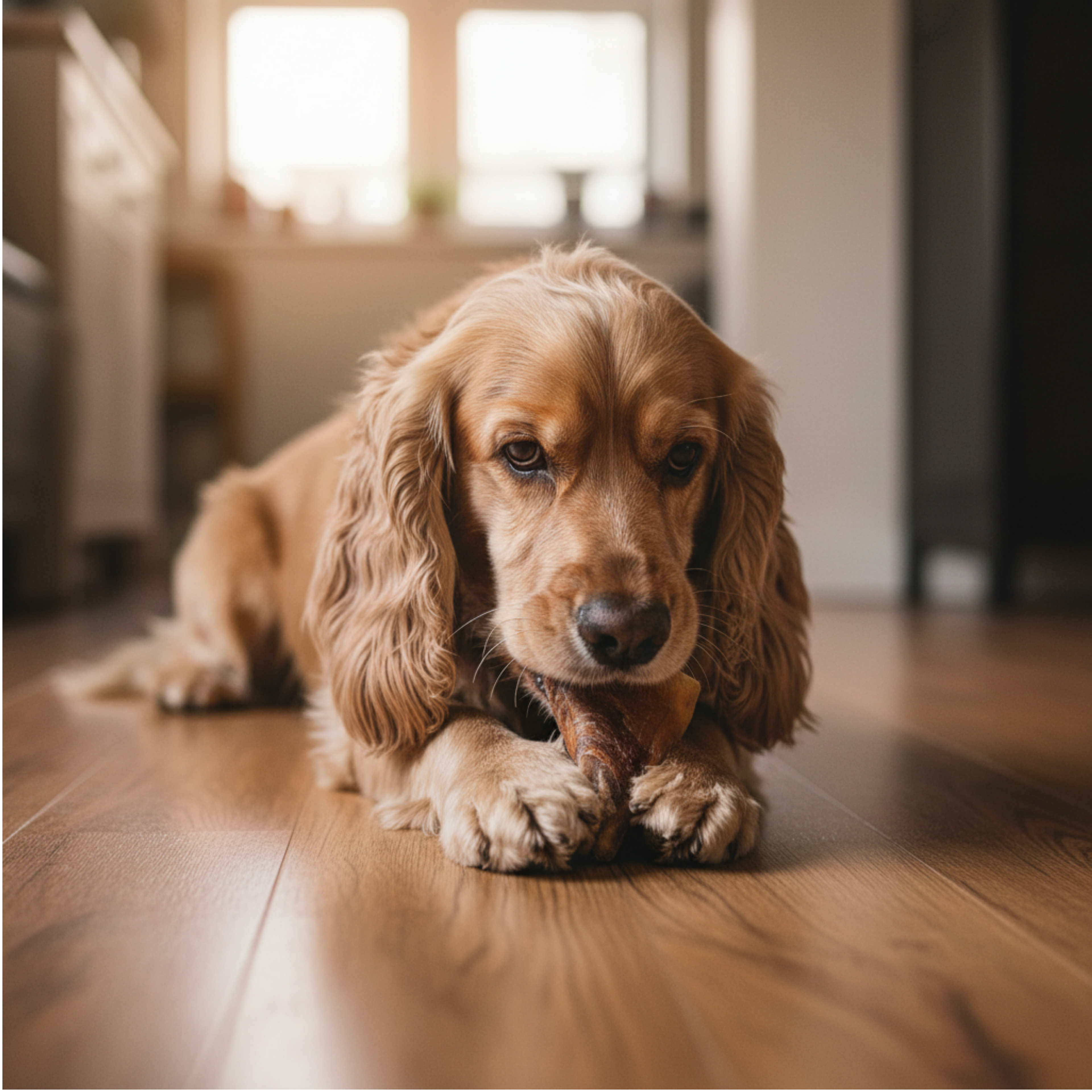 A golden Cocker Spaniel dog lying on a polished wooden floor in a warm, softly lit room, holding a cow hoof in its paws.