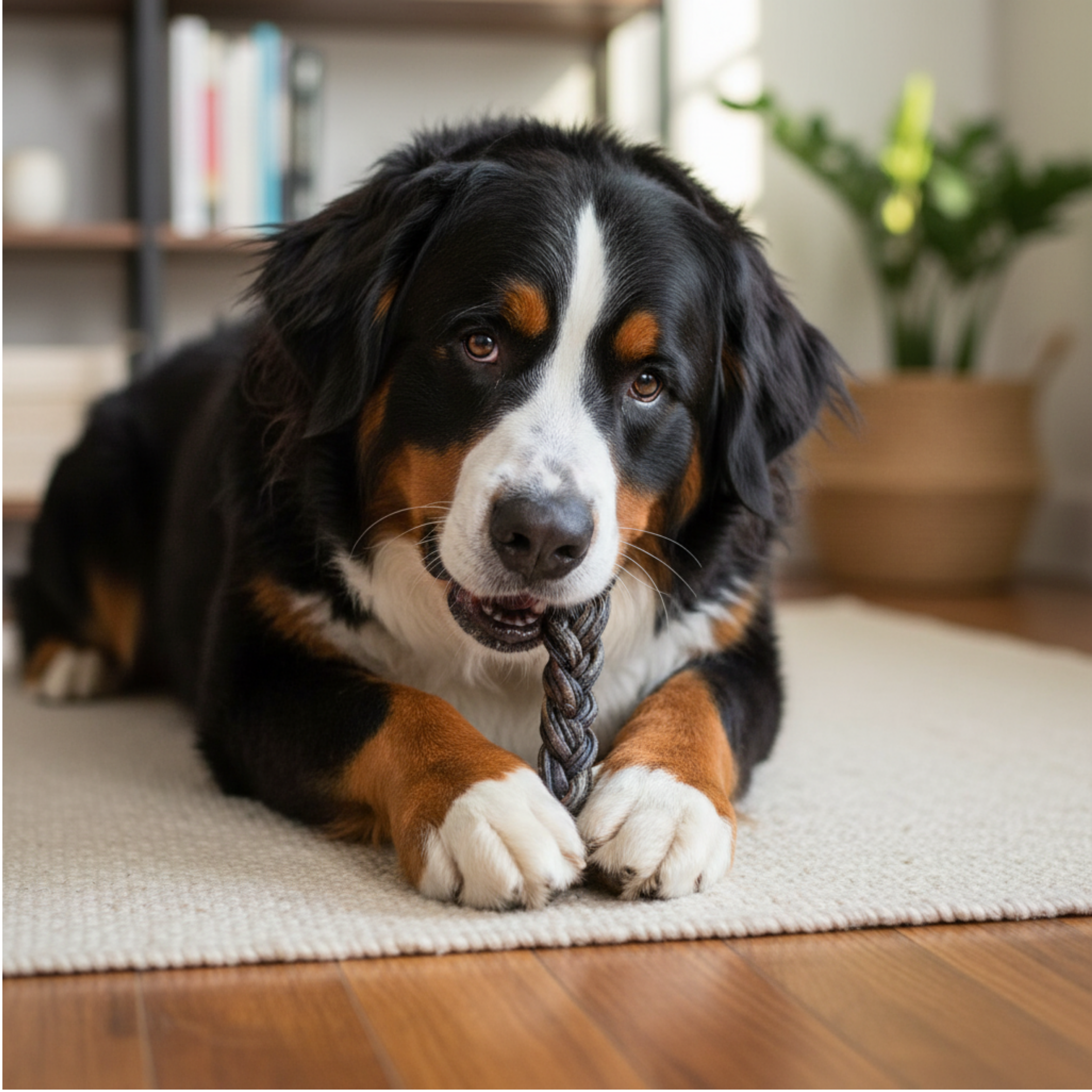 A Bernese mountain dog lying on a light beige rug on a wooden floor, chewing a dark braided beef intestine chew. The background shows a softly blurred indoor room with a bookshelf and a potted plant.