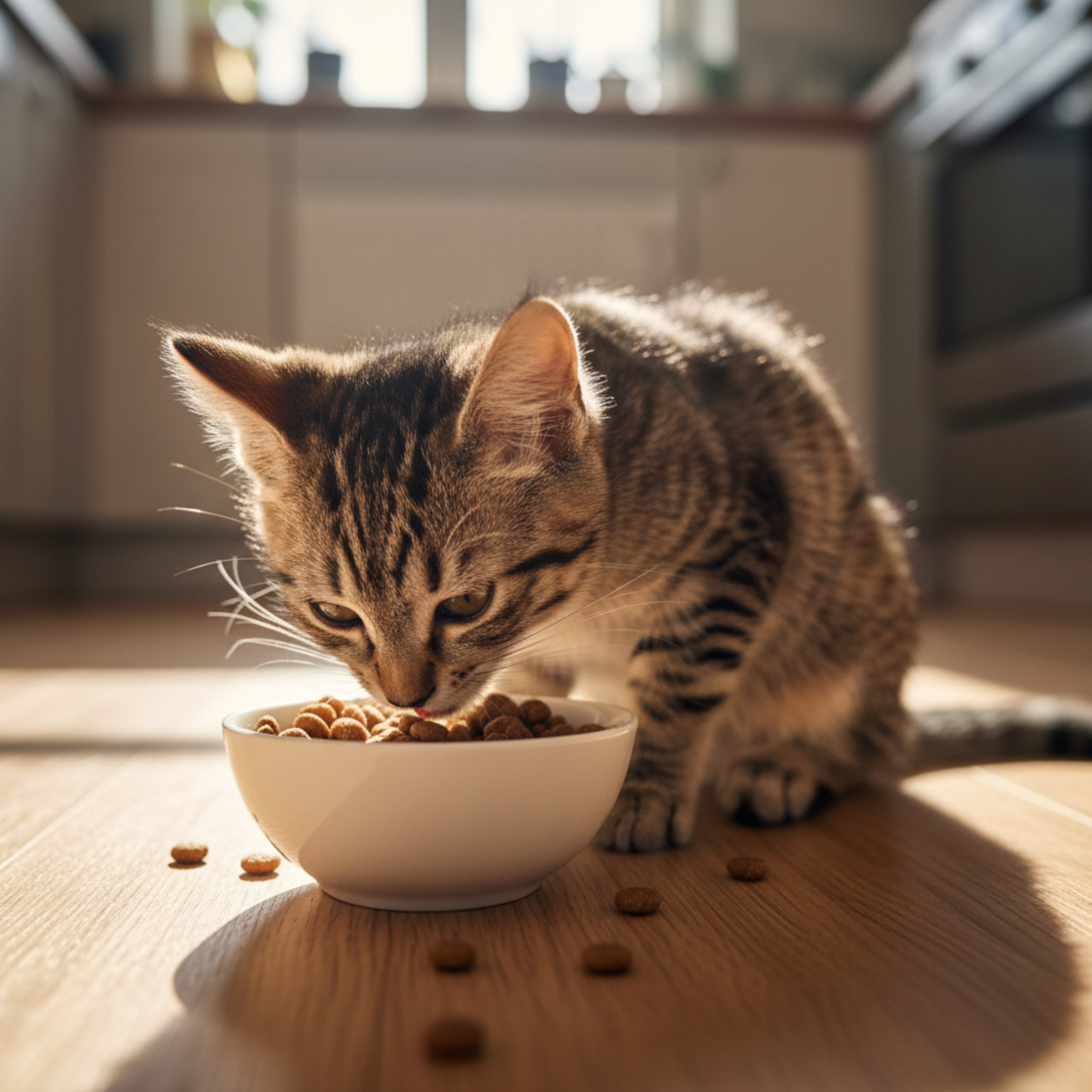 A tabby kitten eating dry cat food from a small white bowl on a wooden floor in a sunlit kitchen.
