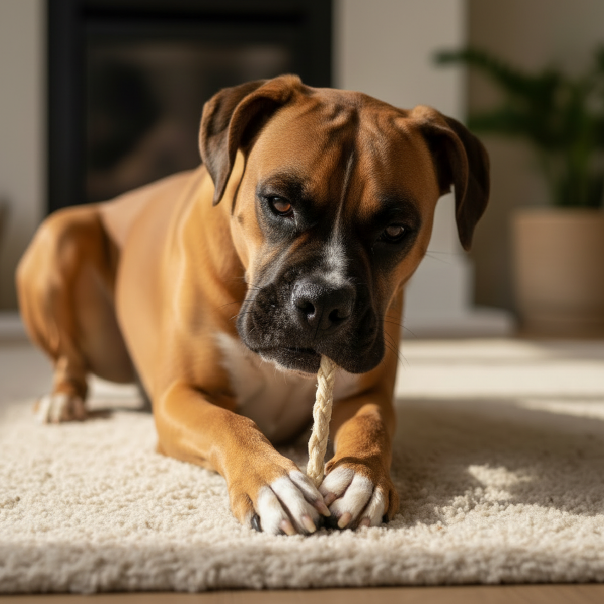A brown and black Boxer dog lying on a beige rug and chewing on a lamb skin braid natural chew in a home setting.