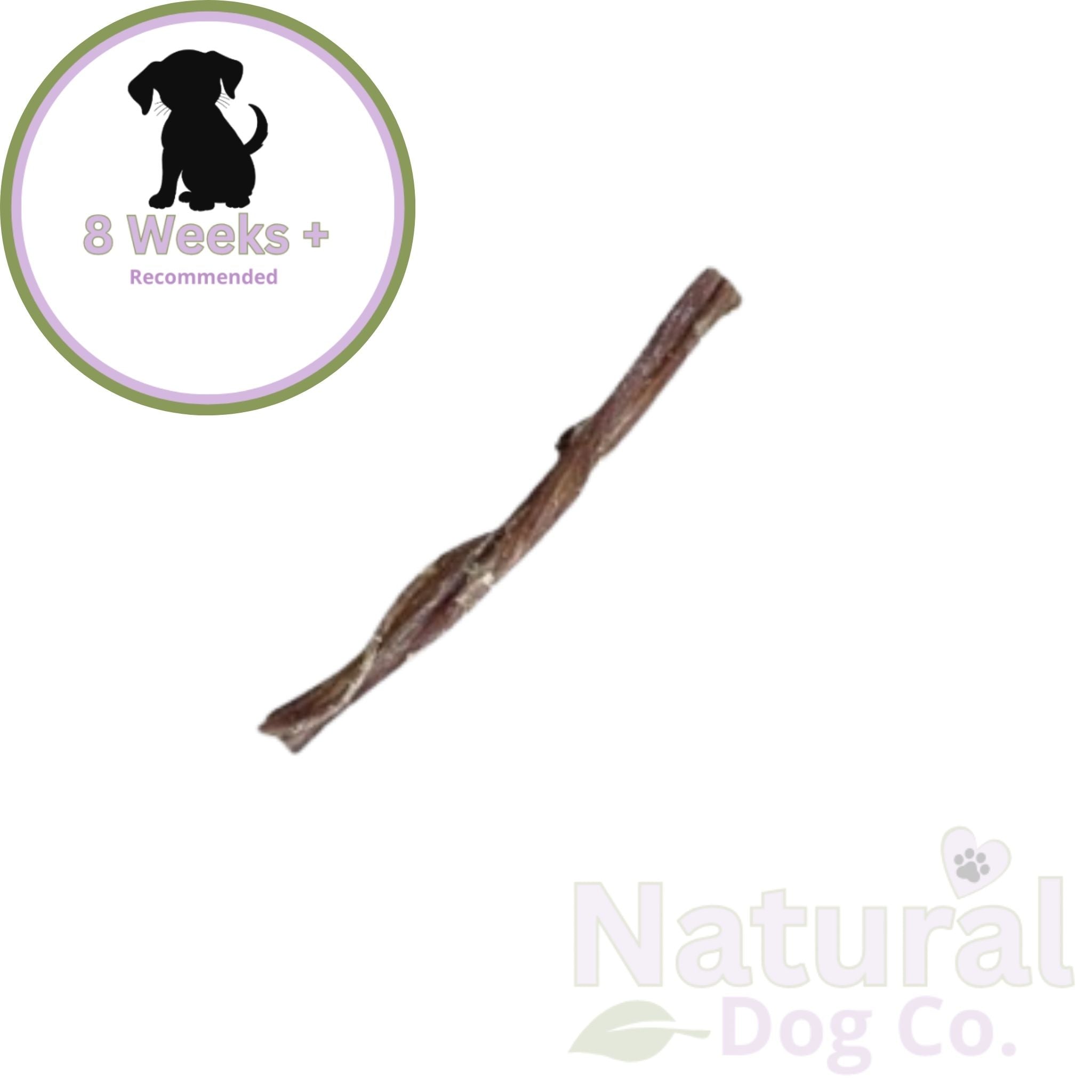 Dog chew stick with 'Natural Dog Co.' branding and a recommended age indicator on a white background.