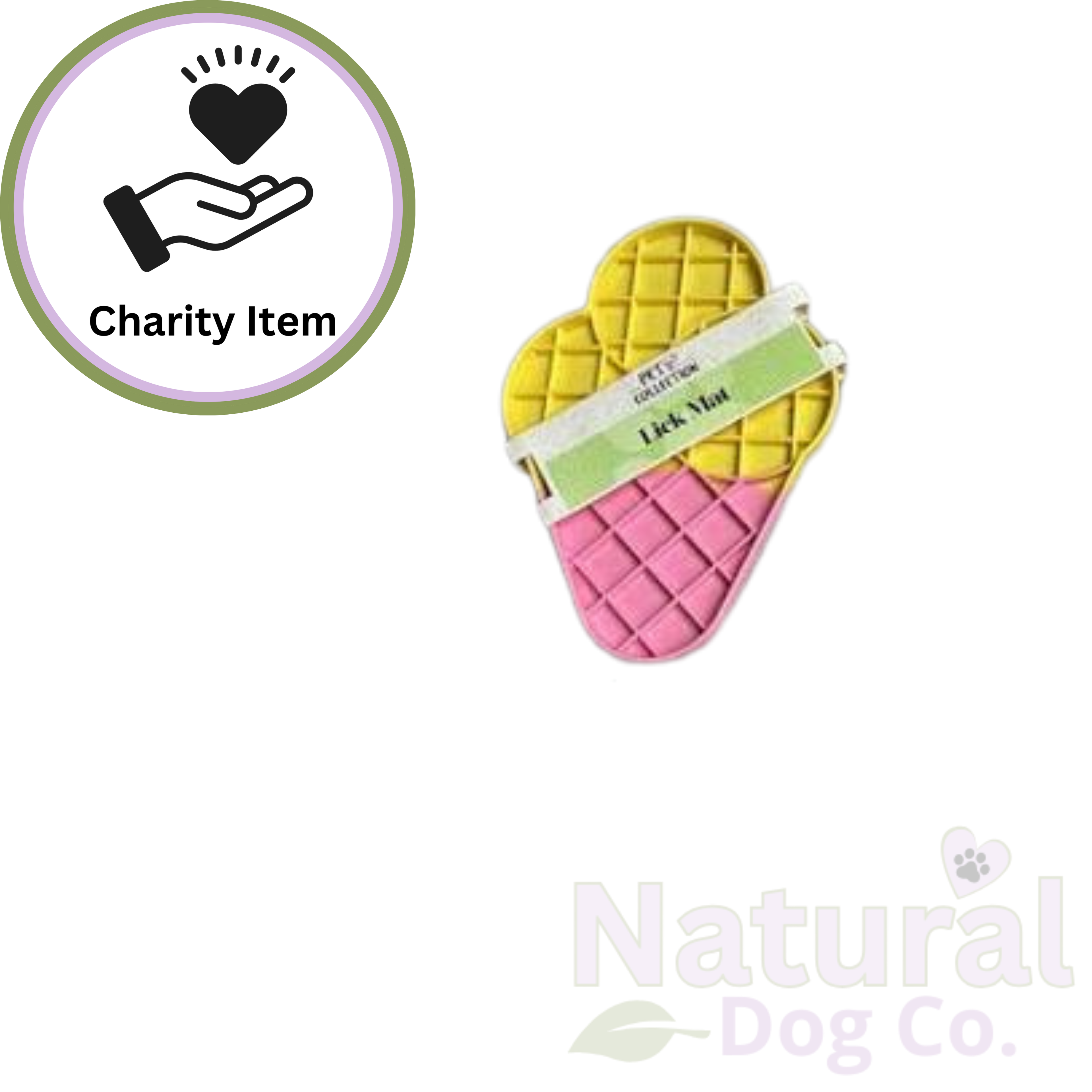 A dog lick mat shaped like an ice cream cone, featuring a yellow waffle-textured top and a pink waffle-textured bottom, with a light green paper band labeled 'Lick Mat'. A circular 'Charity Item' badge is in the top-left corner, and the 'Natural Dog Co.
