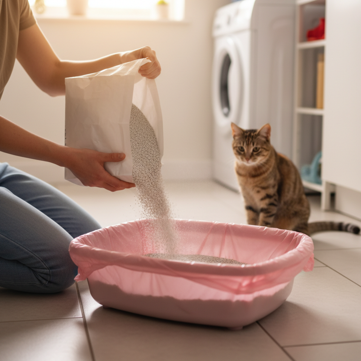 A person kneels on a tiled floor pouring cat litter from a white bag into a pink cat litter box, with a tabby cat sitting nearby in a bright laundry room.