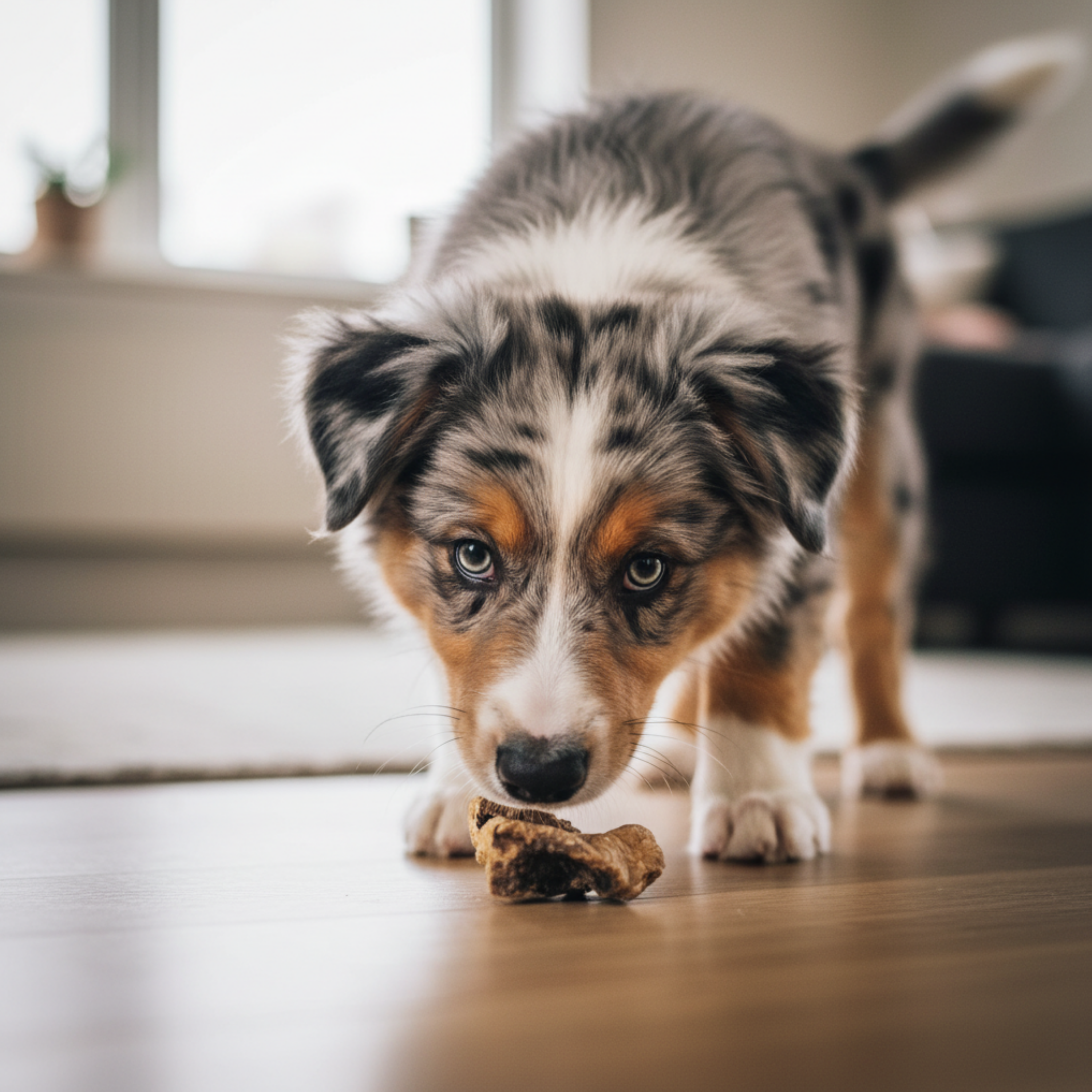 A small Australian shepherd puppy with a merle coat of black, white, and tan is on a wooden floor indoors, looking down at a puffed beef lung dog treat