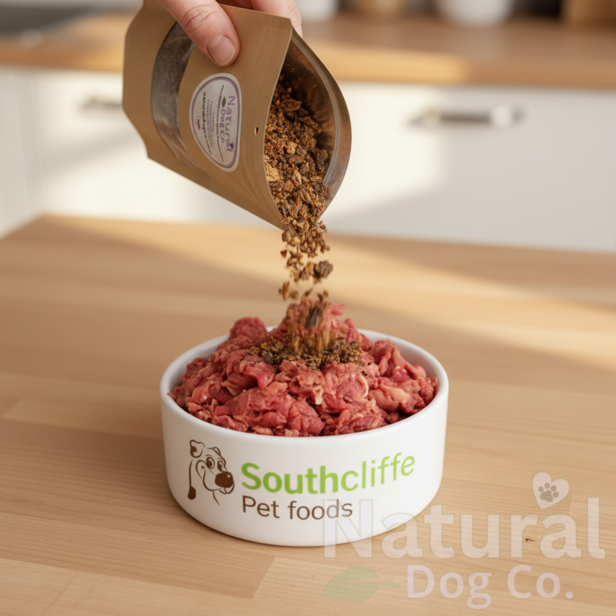 A hand pours a brown kraft pouch of pet food into a white Southcliffe Pet Foods bowl filled with raw red meat, set on a wooden countertop in a kitchen environment.