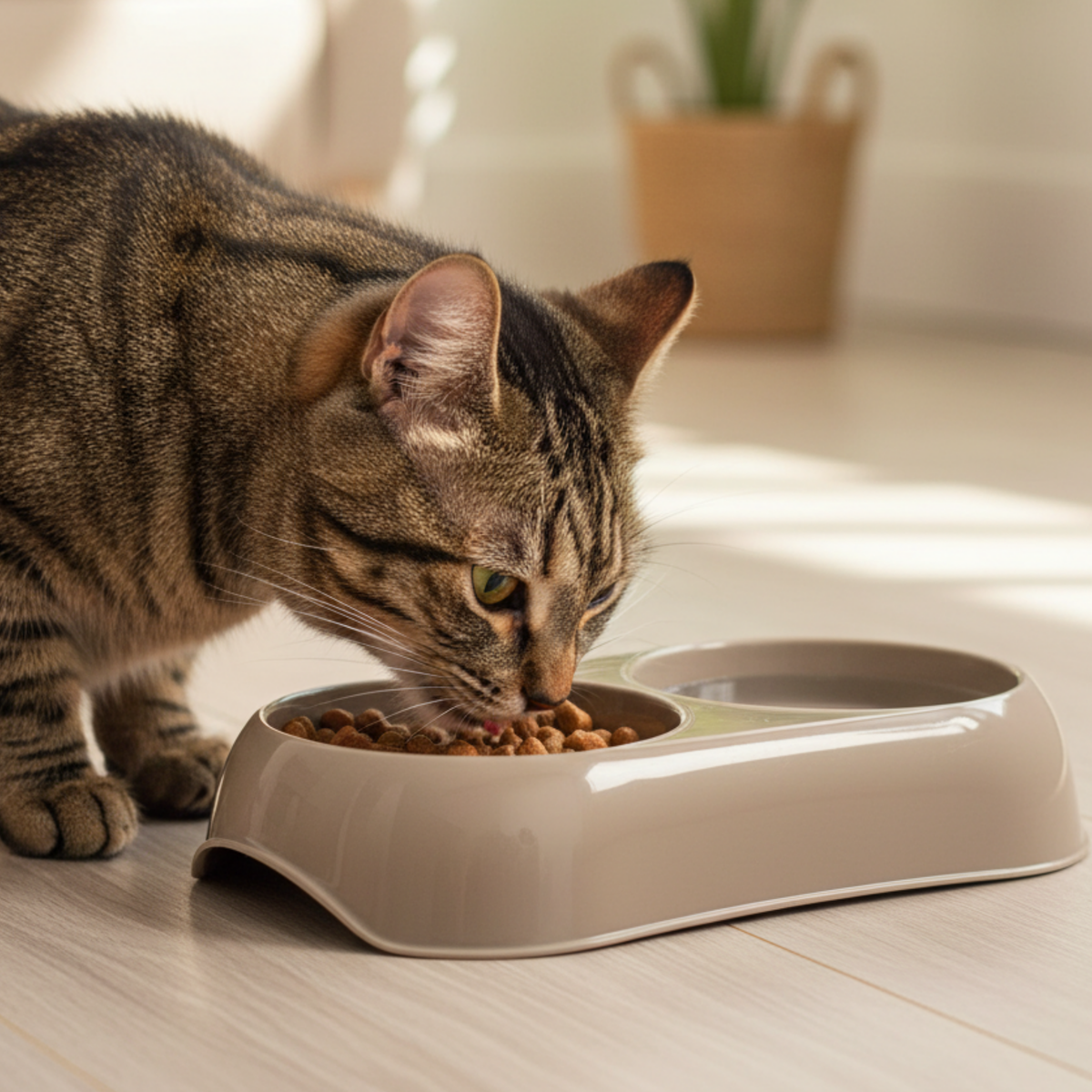A brown tabby cat eating from a beige dual-compartment pet food bowl on a light wood floor, with a softly blurred potted plant in the background.