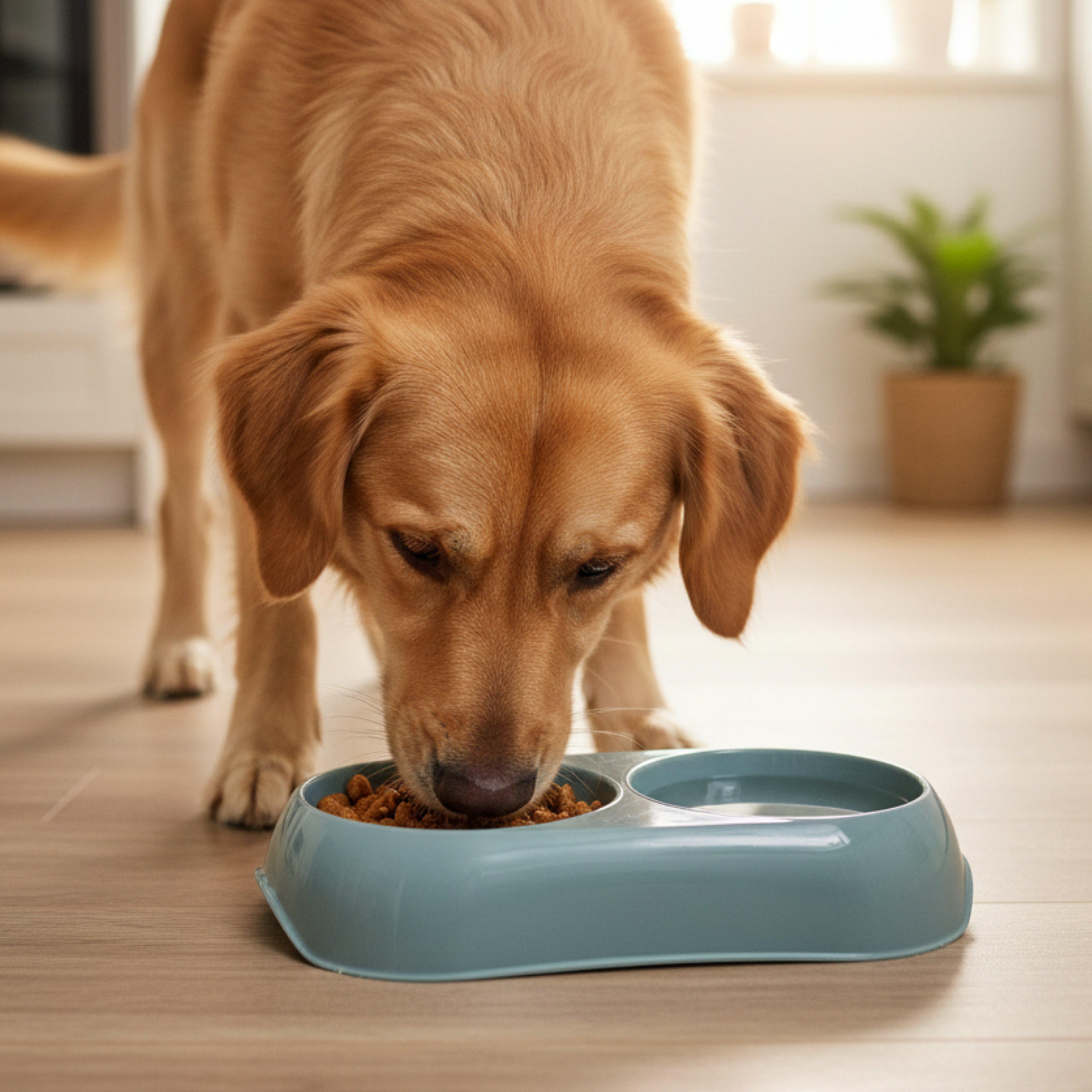 A golden retriever dog eating from a dual-compartment pet food bowl in a bright, modern room with light wood floors and a blurred potted plant in the background.